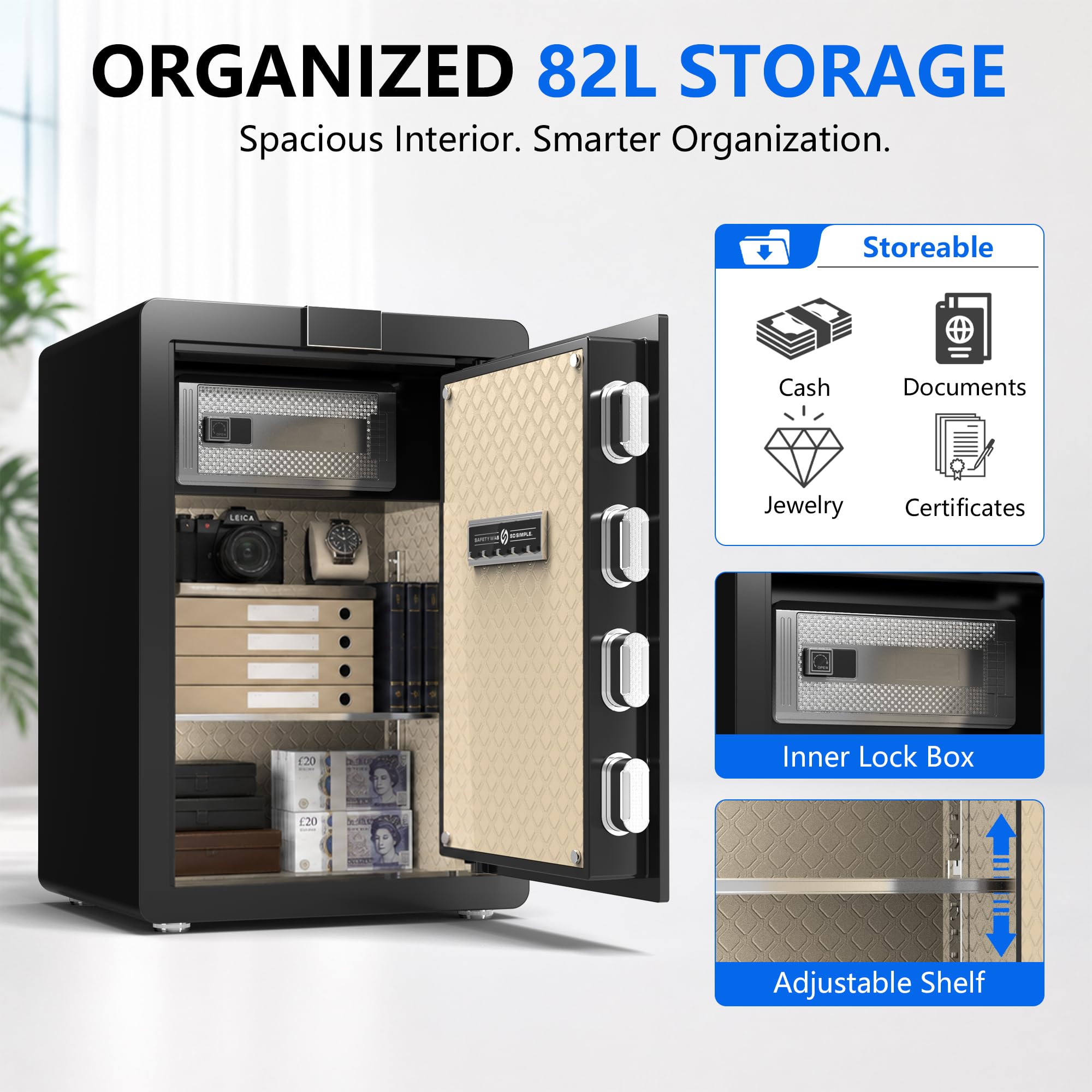Caja fuerte grande y pesada de 29 kg, gabinete de seguridad de acero de aleación de 82 litros con teclado digital y cerradura de llave, montaje en pared, almacenamiento para el hogar, oficina, hotel