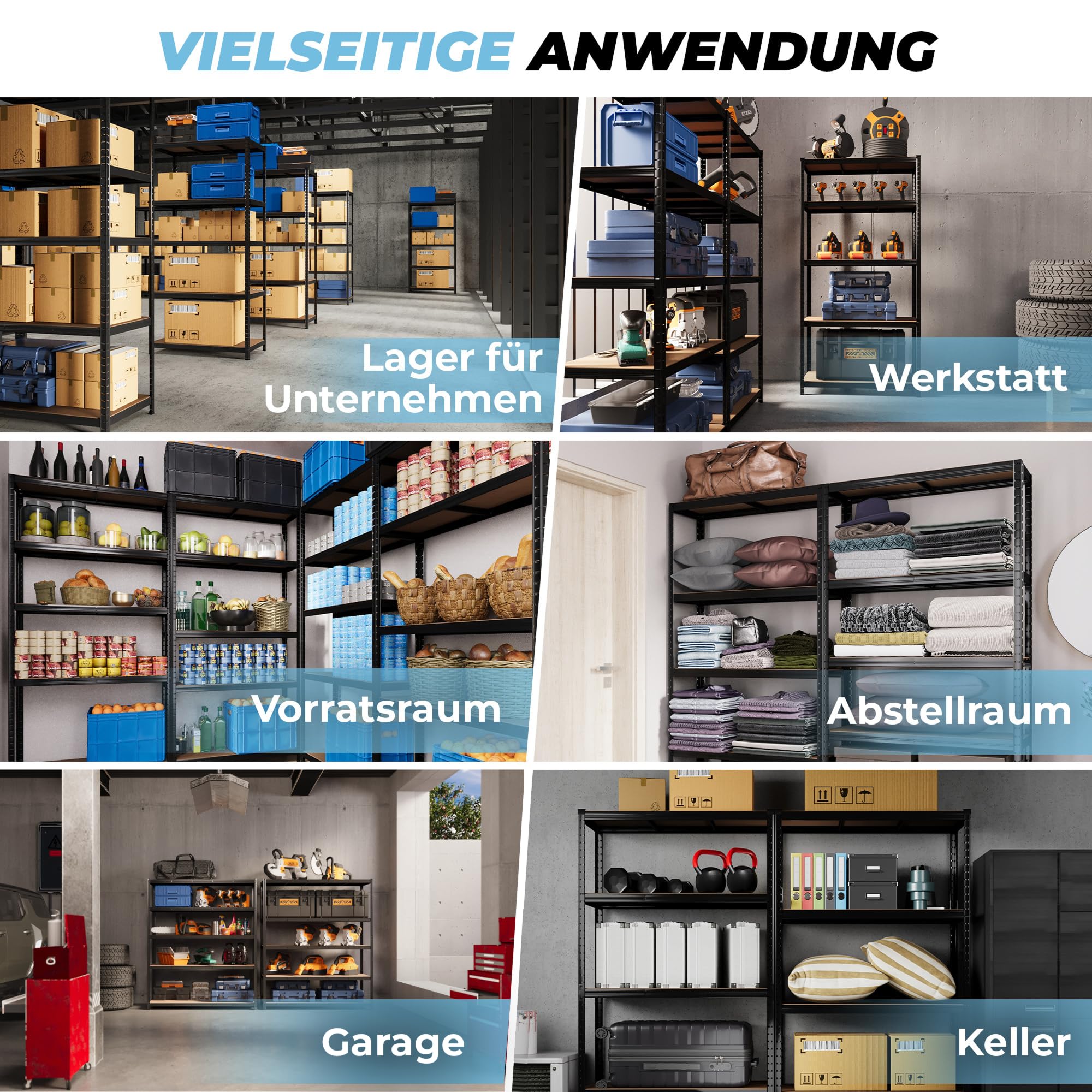 ALL Premium Schwerlastregal 180x90x40cm - 2er Set Schwarz 1250kg Traglast stabiles Kellerregal Metall, Lagerregal & Vorratsregal ideale Regale für kellerraum, Regal Keller & abstellraum Regal
