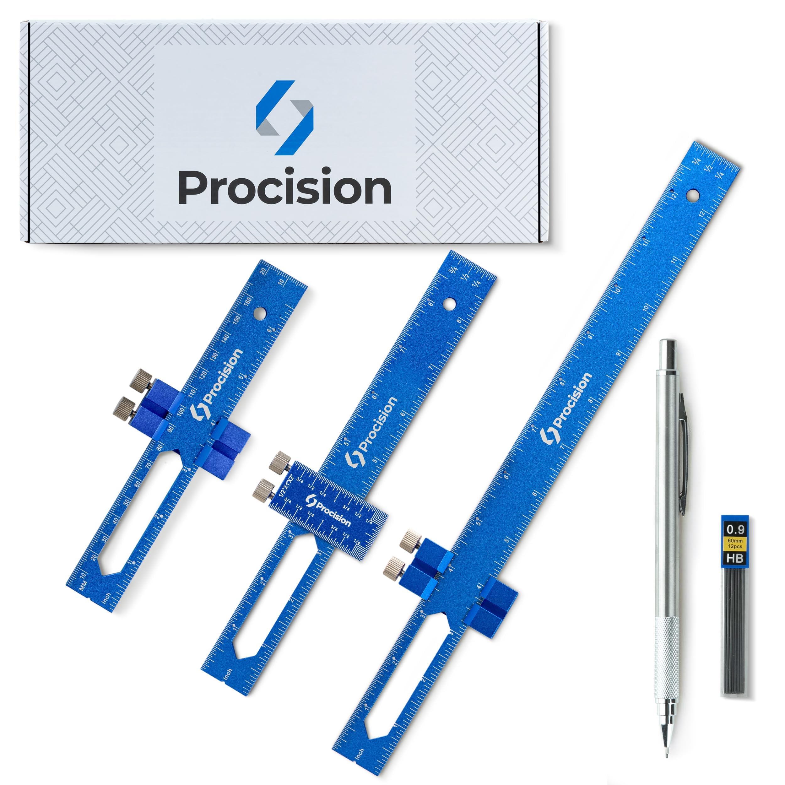 Procision - Juego de 3 reglas para carpintería (12, 8, 6 pulgadas) con accesorio deslizante extra ancho de 2 pulgadas y lápiz mecánico