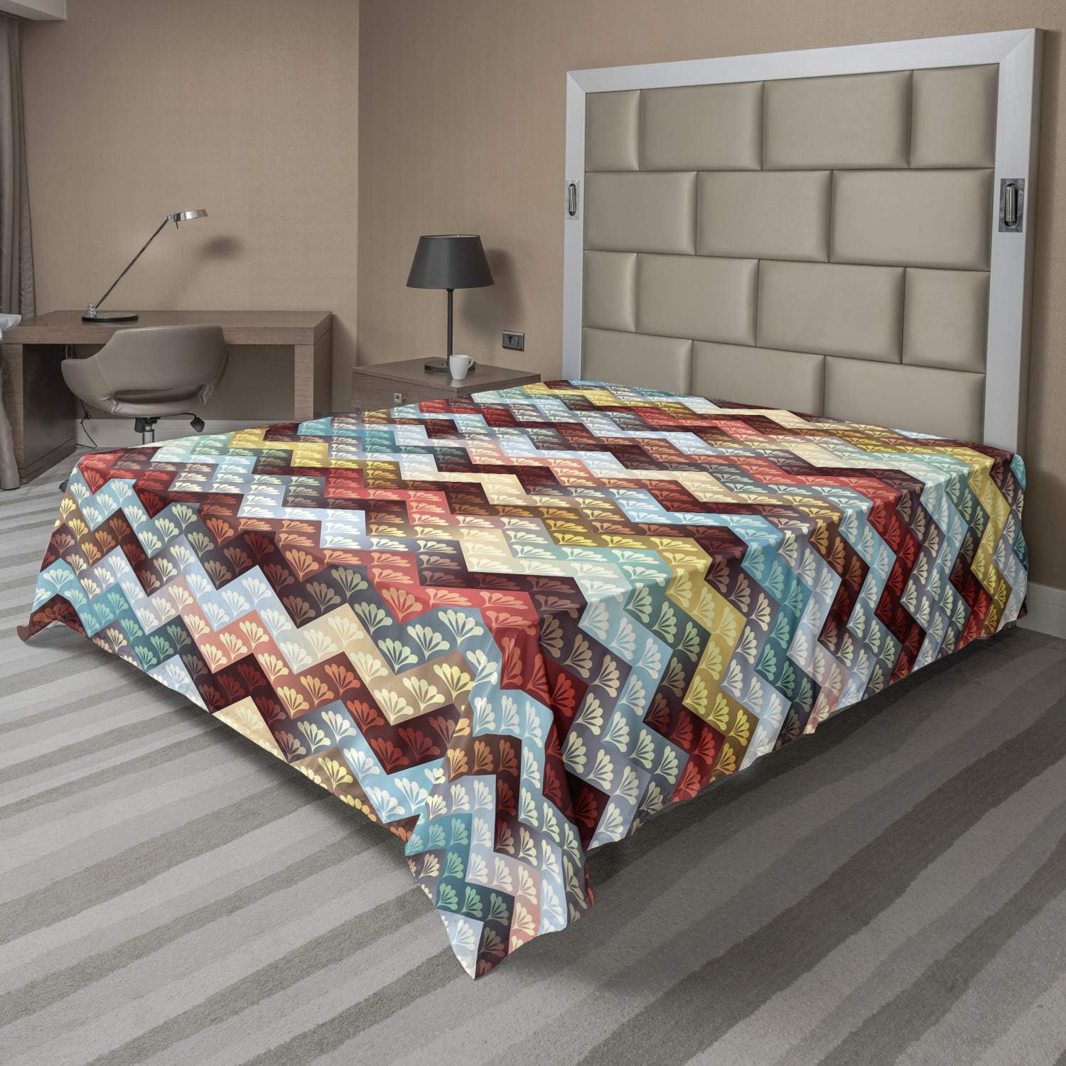Ambesonne Chevron Flat Sheet, Repetitive Ornate Chevron Patterns Filled with Baroque Floral Texture Motifs, Soft Comfortable Top Sheet Decorative Bedding 1 Piece, Queen Size, Multicolor