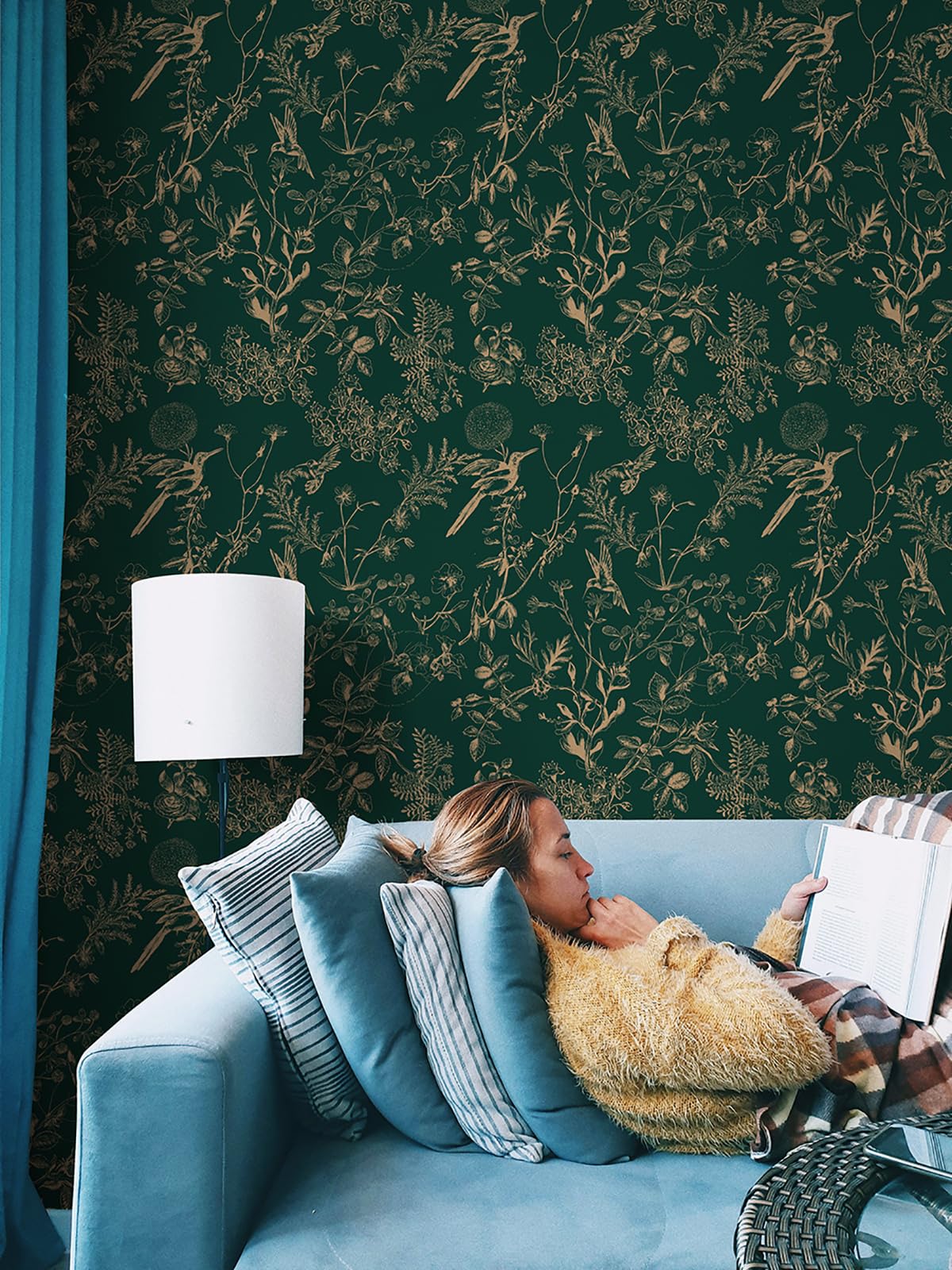 Timeet Selbstklebende Tapete Grün 41x1000cm Klebetapete Selbstklebend Vintage Möbelfolie Pflanze Vögel Blumen Blätter Vinyl Wasserdichte Klebefolie für Schlafzimmer Wohnzimmer Küche Wand Möbel