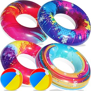 Parentswell 6-Pack Inflatable Pool Floats & Swimming Rings with Beach Balls - Durable Pool Party Toys for Kids Adults