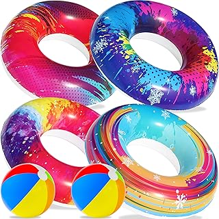 Parentswell 6PCS Big Pool Floats Tubes: Inflatable Pool Floats Swimming Rings with Beach Balls - Brightly Colored Pool Floaties Party Toys, Pool Toys for Kids Adults