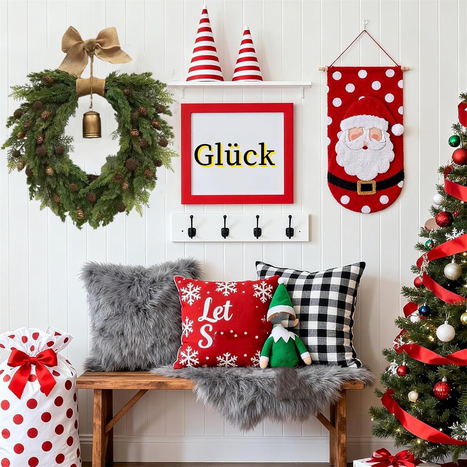 45 cm Weihnachtskranz Bauernhaus, Weihnachtsdeko Kranz Haustür, Künstlicher Weihnachtskranz mit Tannenzweigen und Glöckchen, Geeignet für Türen, Wände und Festliche Dekorationen