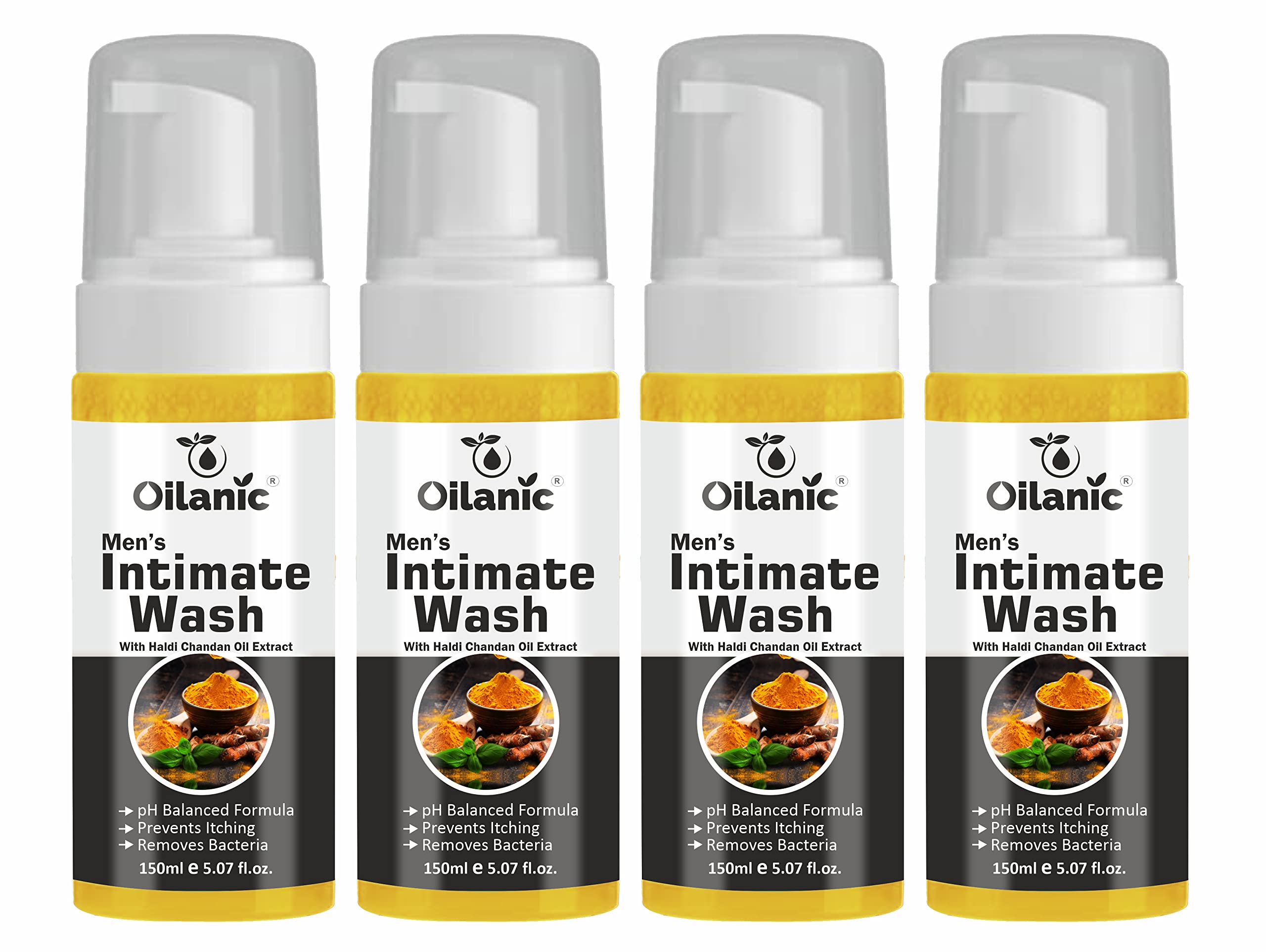 Oilanic Natural Men's Intimate Wash with Haldi Chandan Extract (Pack of 4, Each 150 ml)|pH-Balanced Hygiene Wash for Daily Freshness and Odor Control Gentle Cleanser for Sensitive Skin Chemical free