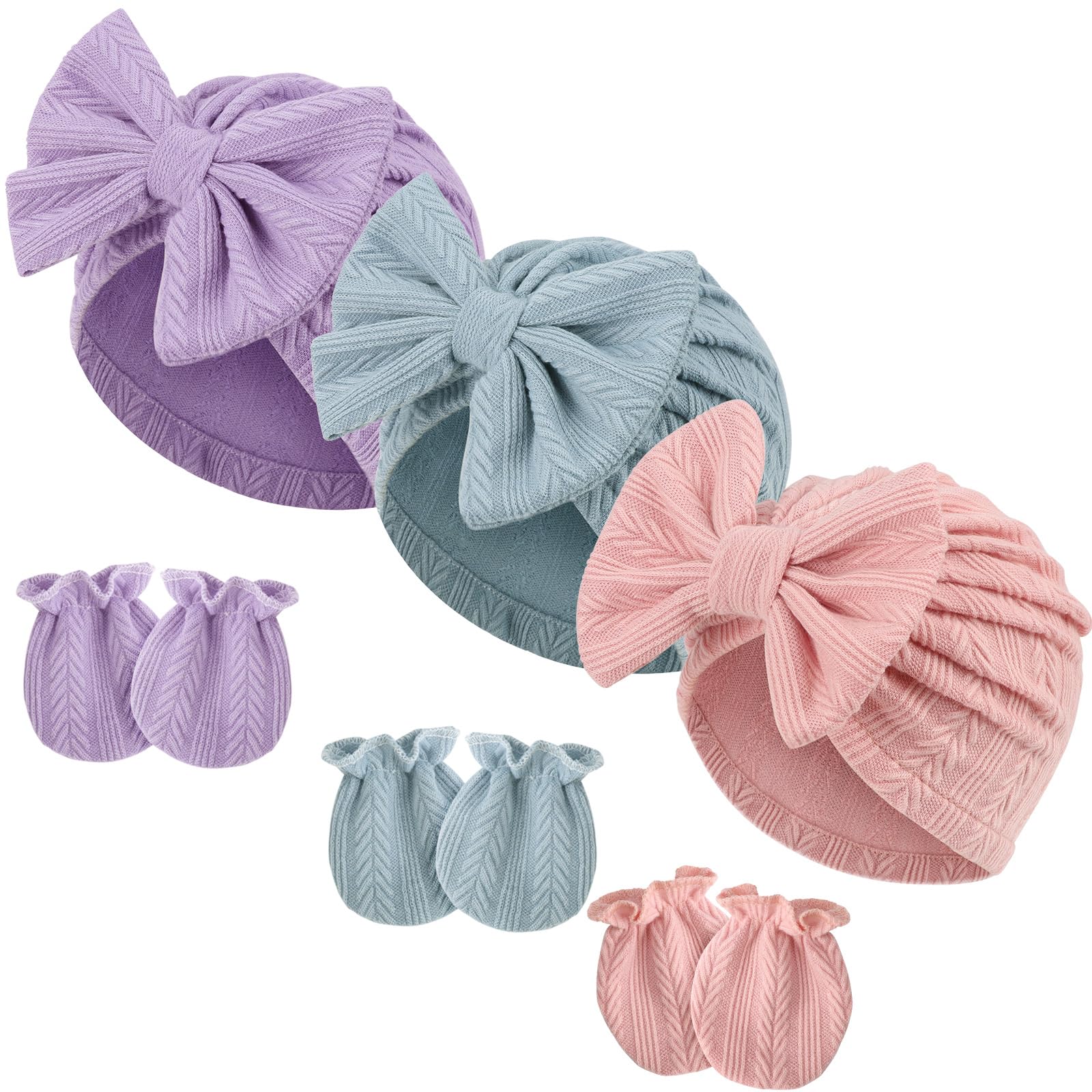 DRESHOW Newborn Baby Hats Mittens Set Hospital Hat Beanie Infant Bow Hats Baby Cotton Gloves No Scratch Mittens for 0-6 Months