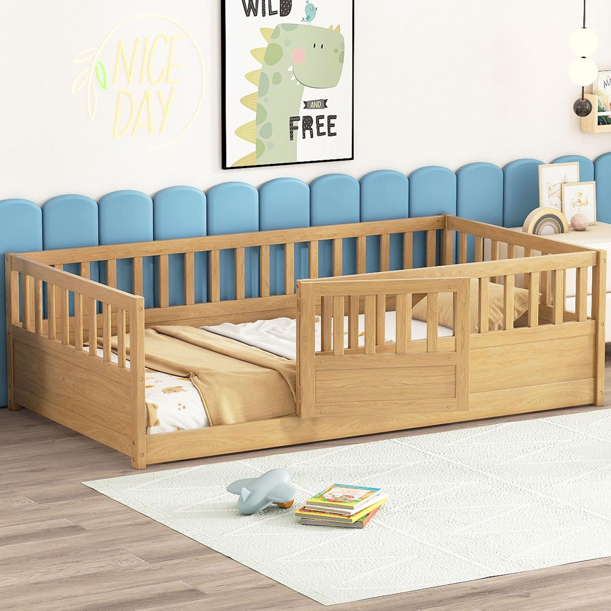 Twin Floor Bed with Slats, Twin Size Floor Bed Frame with High Fence and Door, No Box Spring Needed, Easy Assemble Floor Bed Montessori BedsTwin Size, Natural
