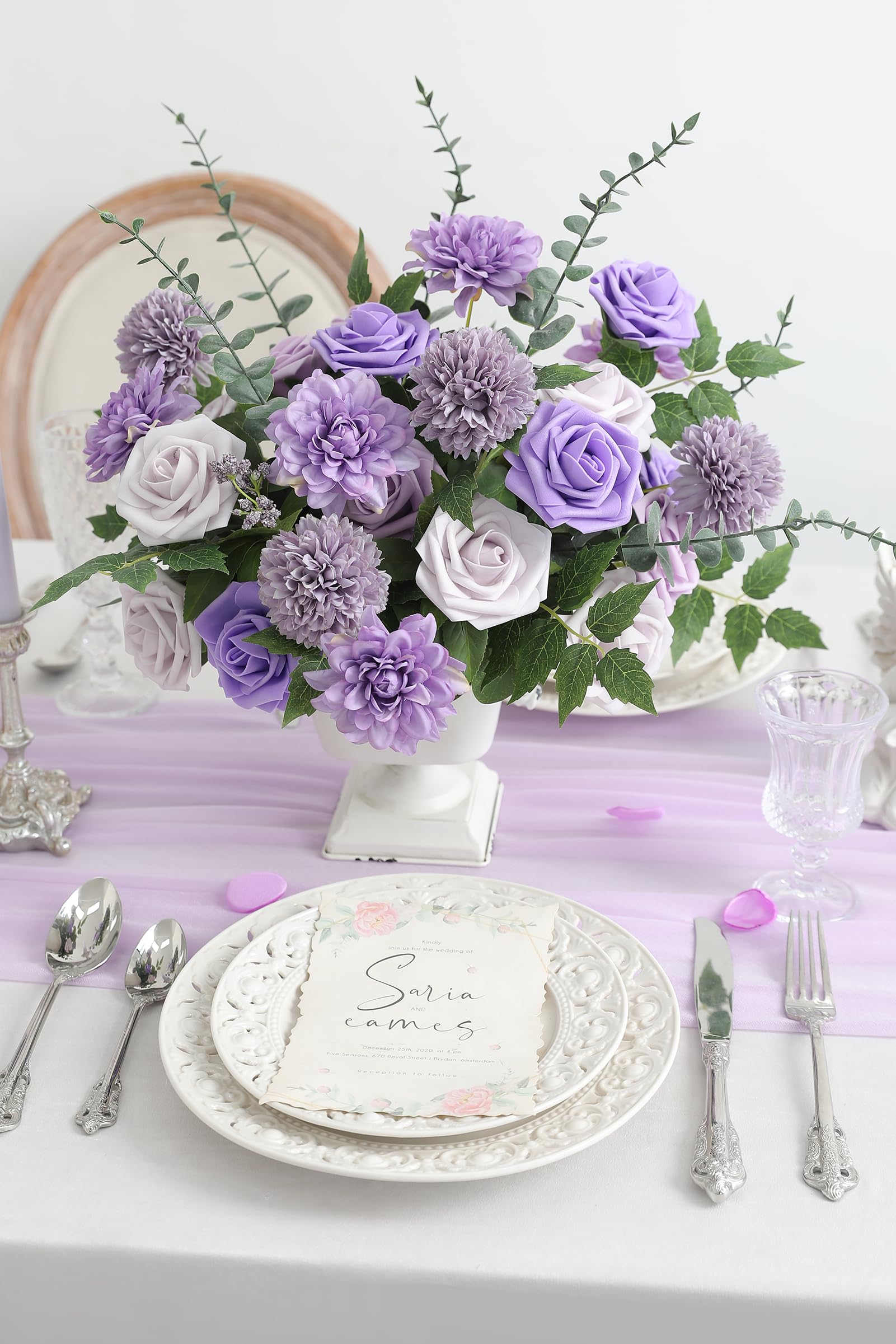 rongflower Set di fiori artificiali con foglie di fiori e foglie con steli, per bouquet da sposa fai da te, centrotavola, baby shower, feste, decorazioni per la casa (viola lavanda)