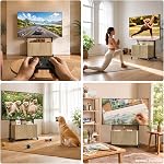Planimetry Roulement TV Support avec support pour téléviseurs 32-75 pouces, réglable en hauteur TV Stand avec roues verrouillables, Centre de divertissement de Cabinet Fluted avec sortie d'alimentation & Entreposage, bois