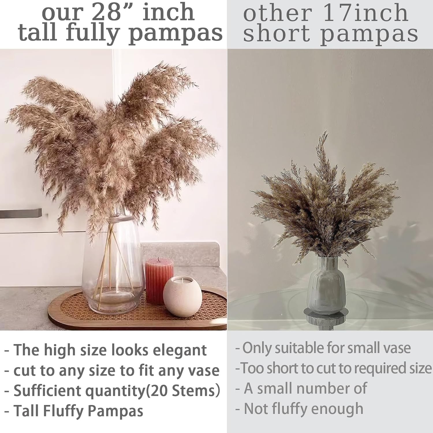 20 stems 28" inch large brown pampas grass decor tall - natural fluffy pompas grass bulk tall pampas grass for floor vase - boho decor home decor wedding decor event decor?gift 20pcs brown