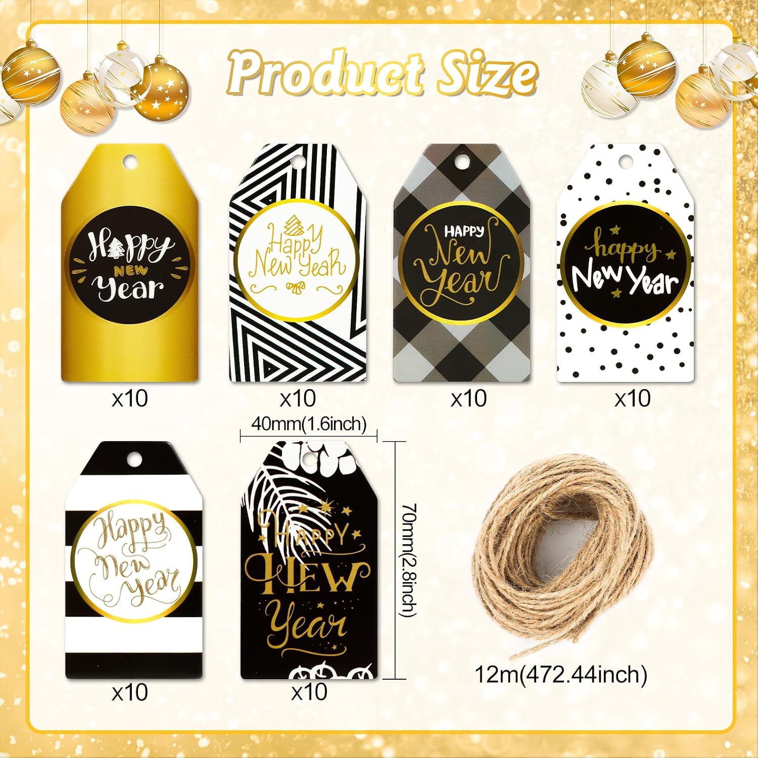 HOWAF 60pcs Happy New Year Paper Gift Tags, Black and Gold New Year Name Tags Label with String for 2026 New Year Presents Decoration, New Year Decorations Gift Wrap Supplies DIY Kraft Paper Label