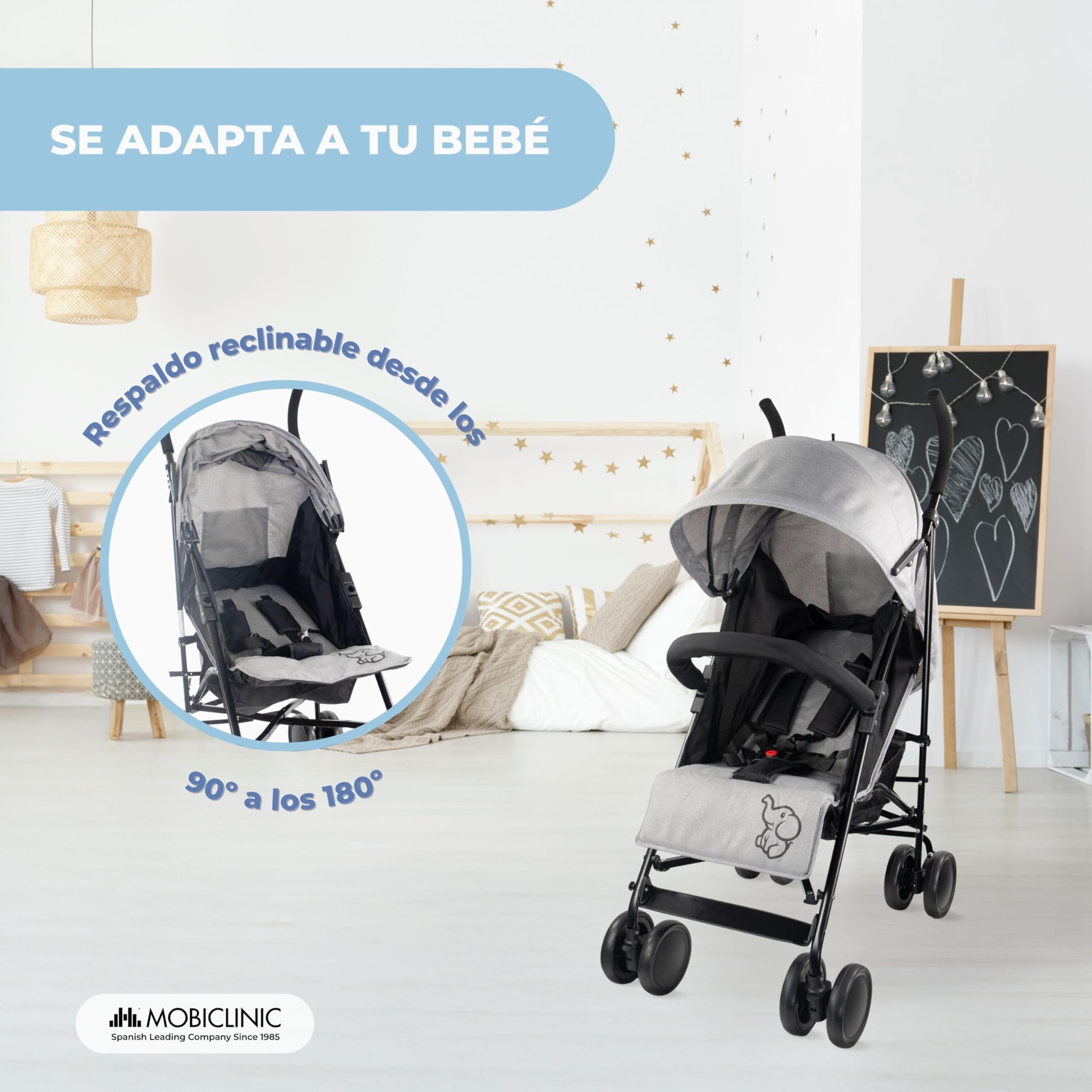 Mobiclinic®, Carrito bebe, Marca española, Plegable, Respaldo reclinable, Doble sistema de seguridad, Ruedas extraíbles, Arnés ajustable 5 puntos, Silla paseo ligera, Gris y negra