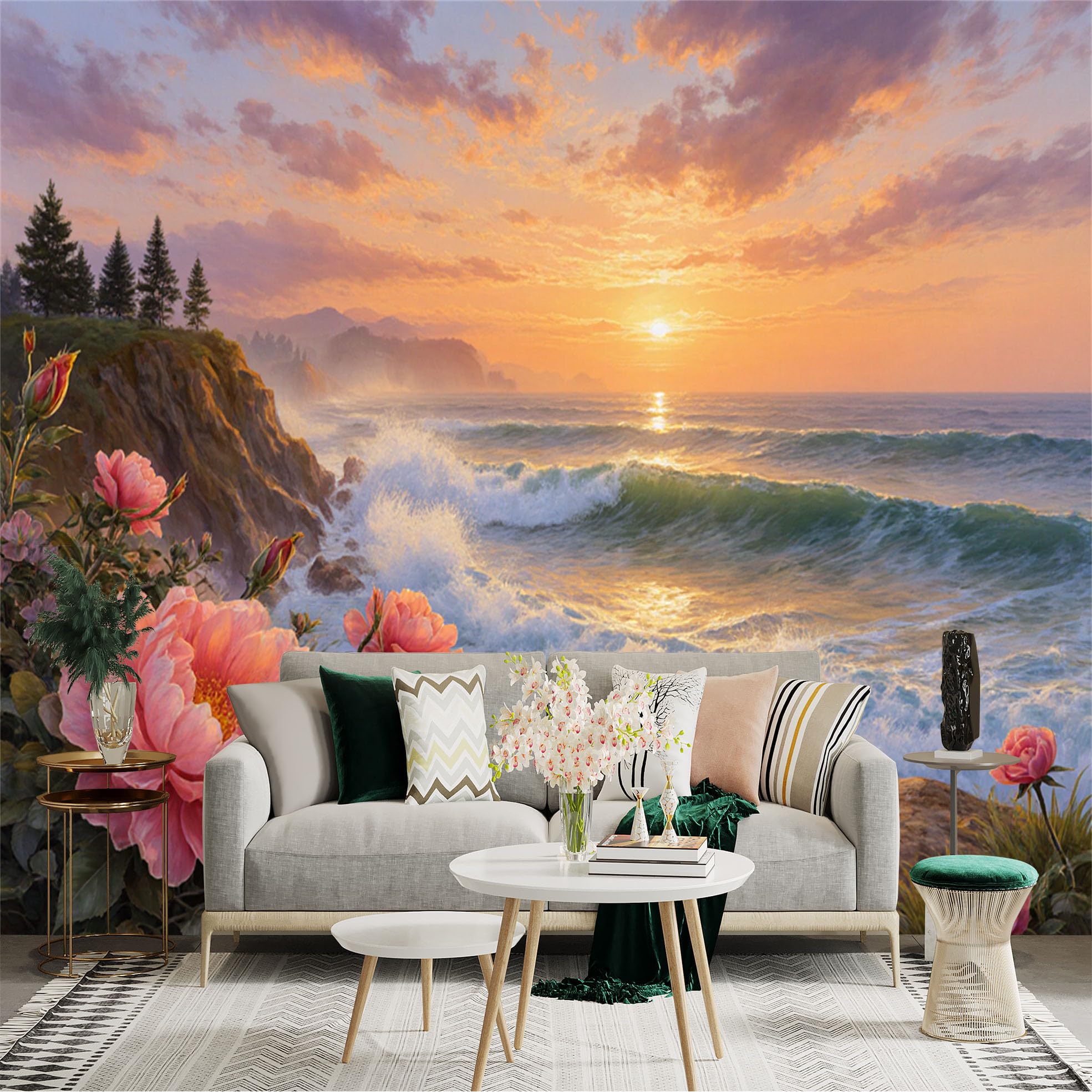 Lnzczhyre Xc260505640 Custom Size Wall Sticker Mural， Beautiful Peonies By The Sea， Golden Sunset Ocean View， Crashing Waves And Coastal Cliffs， For Wall Decoration， Peelandstick Wall Decals.