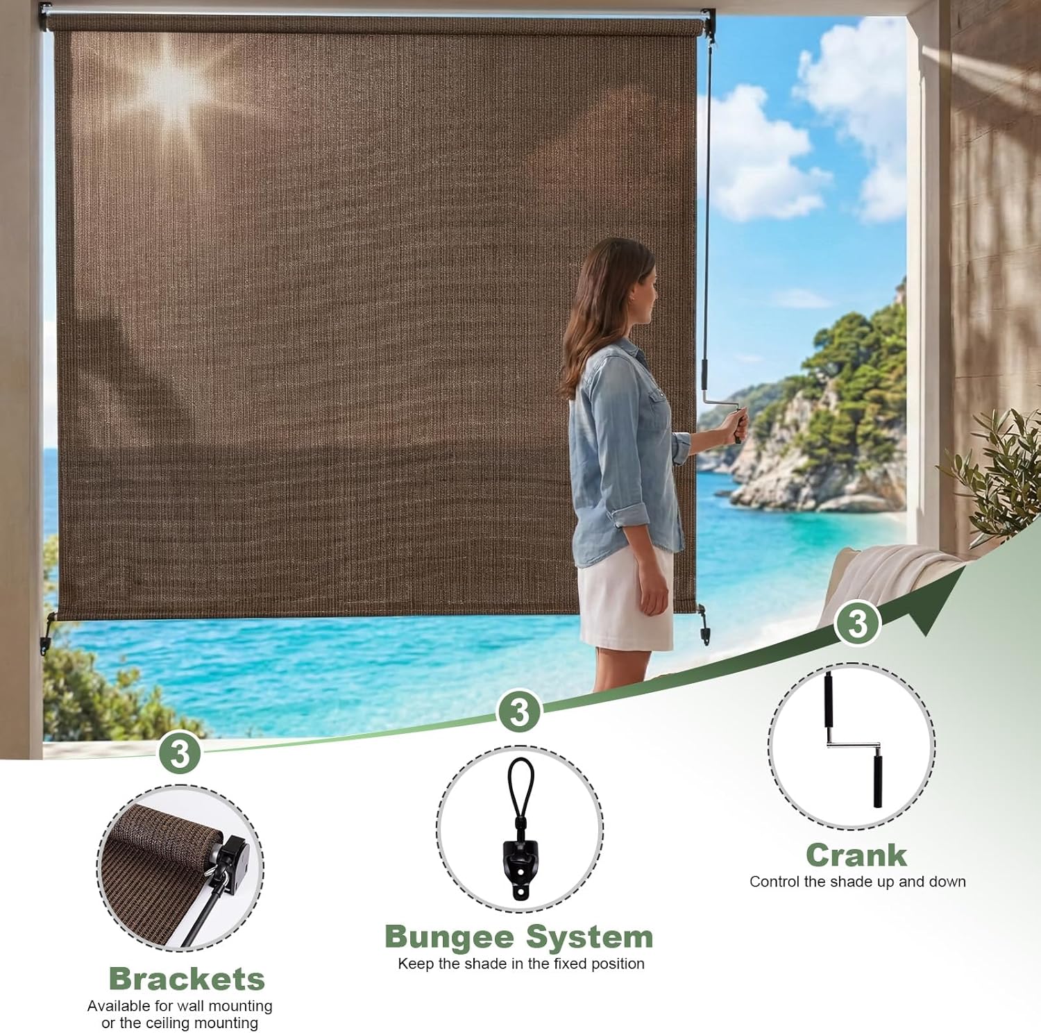 MEOOEM Outdoor Roller Shade 8'W x 8'H, Cordless Patio Shades Roll Up Blinds, 95% UV Block Privacy Sun Shade 200GSM HDPE for Pergola Gazebo Porch Deck, Mocha