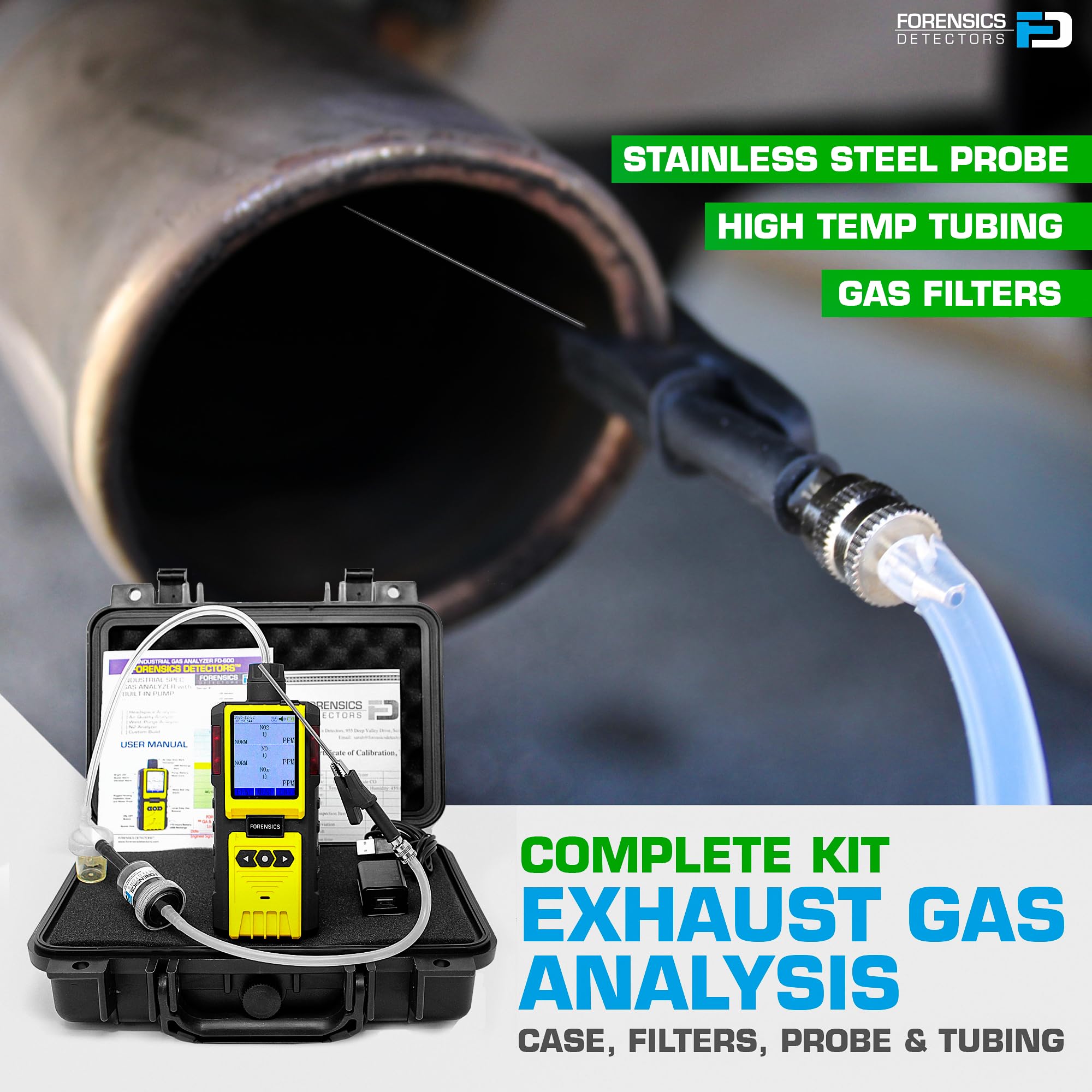 Analizzatore di Gas NOX | Certificato di Calibrazione EU | Automotive, Emissioni, Fumi, Inquinamento | Pompa Integrata e Sonda di Scarico con Filtri |