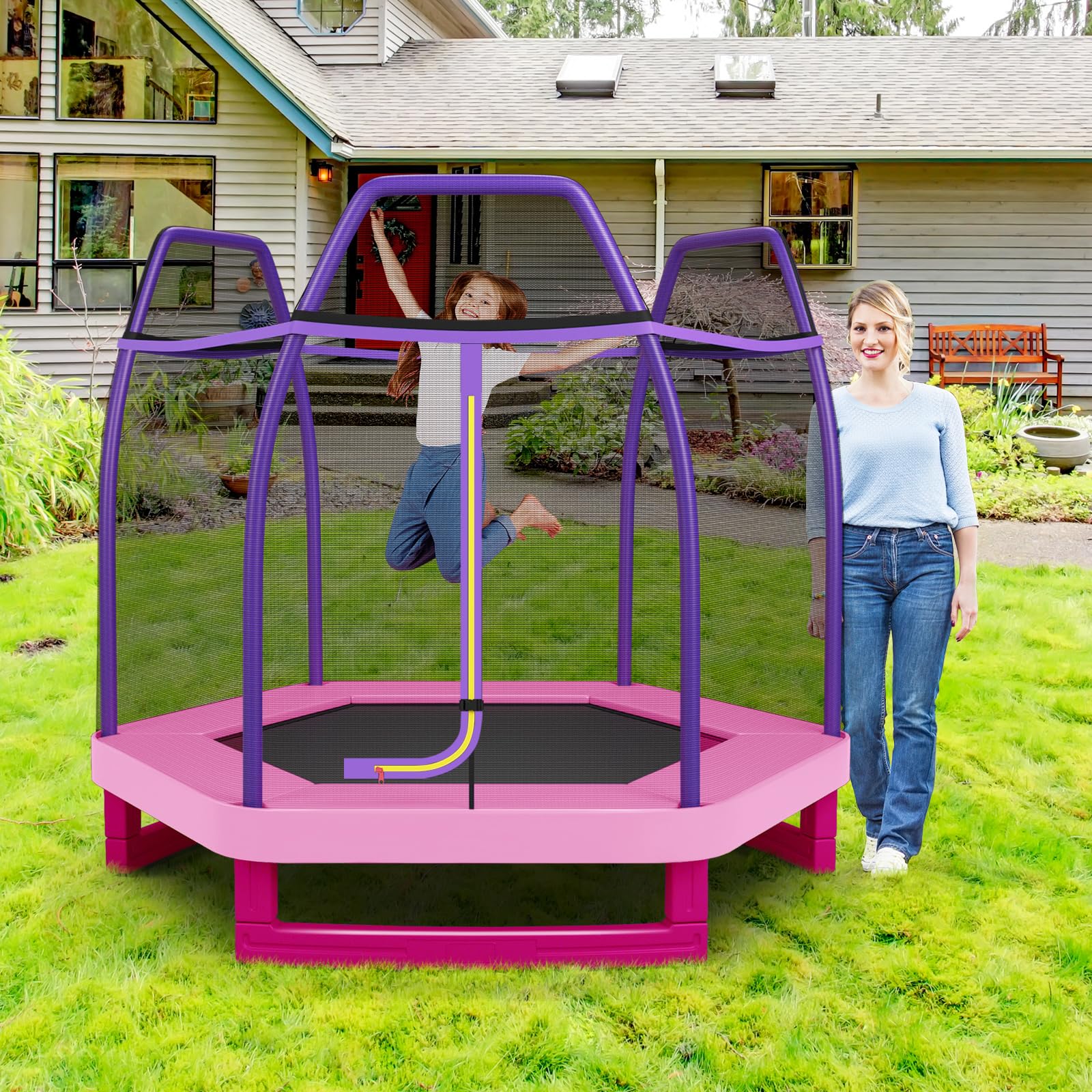 COSTWAY Trampolino Elastico per Bambini 223 cm, Tappeto Elastico per Bambini da Esterno ed Interno con Rete e Cuscinetto a Molle, Portata150 kg, Adatto ai Bambini 3+ Anni