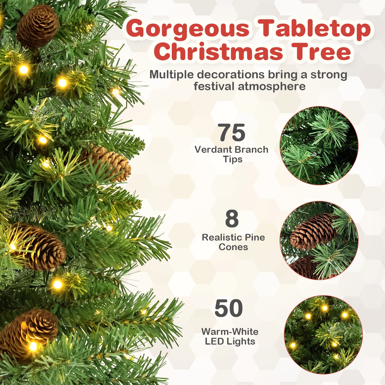 GOPLUS Mini Árbol de Navidad para Mesa y Oficina, Árbol de Pino Nevado Hecho de PVC, Decoración Navidad Interiores y Exteriores (64 cm, con piña)