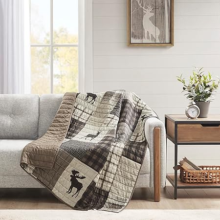 Woolrich Luxury Quilted Throw - Cabin Lifestyle, Patchwork with Moose Design All Season, Lightweight and Breathable Cozy Bedding Layer Throws for Couch Sofa, 50