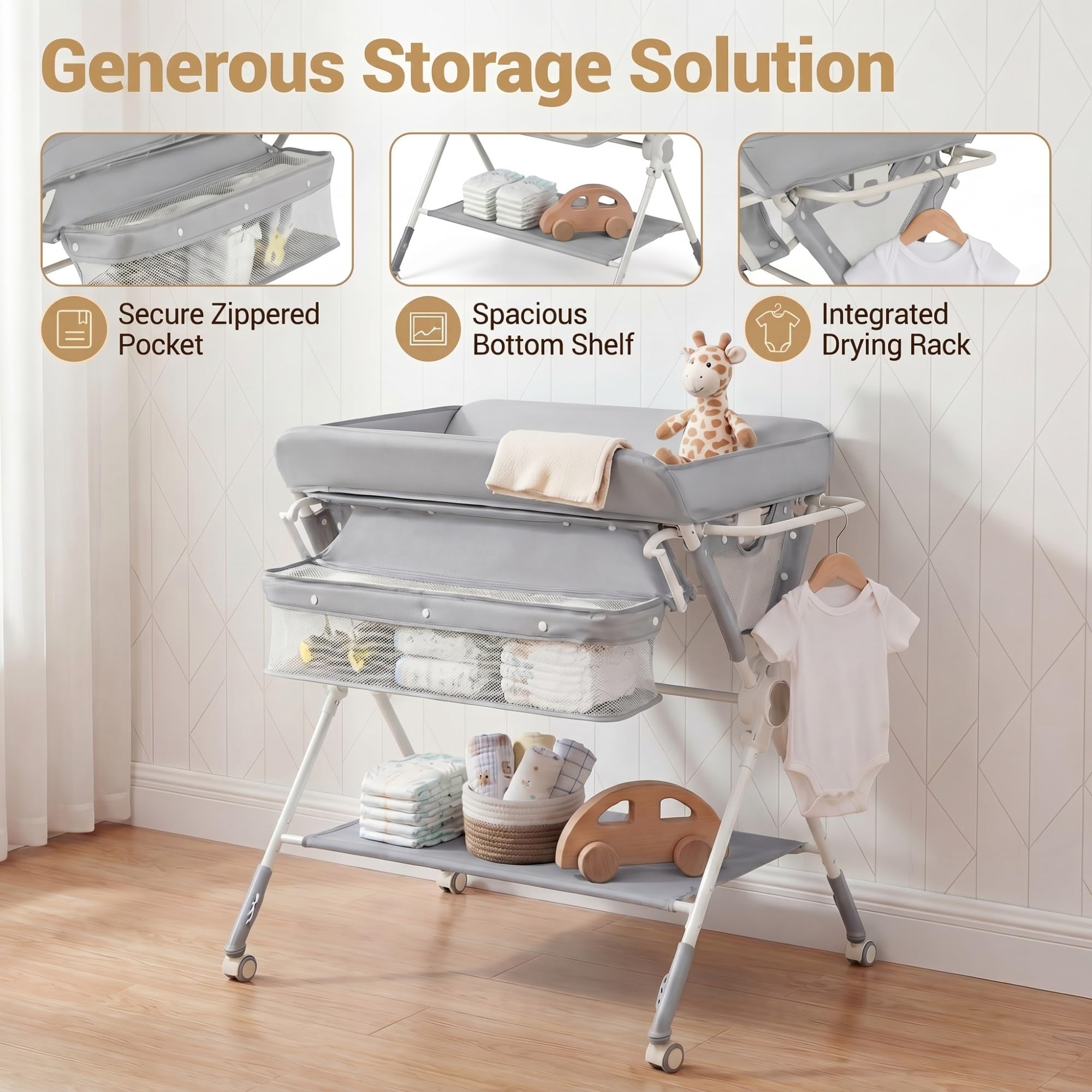 LIFEZEAL Table à Langer Pliante Réglable en Hauteur avec Rangements | Commode à Langer Portable pour Nouveau-nés et Nourrissons 0-12 Mois avec Roulettes Freinées, Arche de Jeux et Charge 25 KG