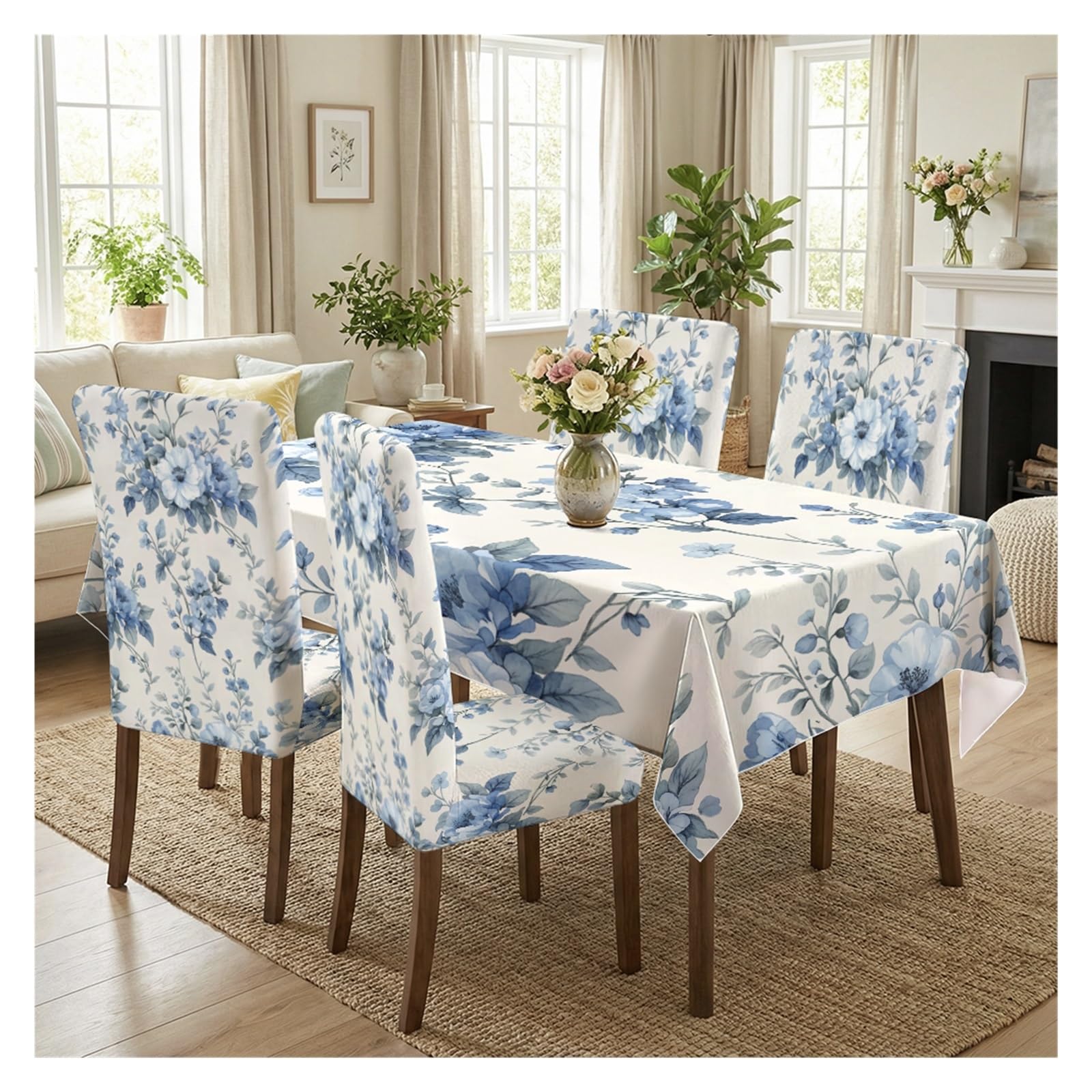 Nappe et housses de chaise bleu fleurs aquarelle vintage 5/7 pcs