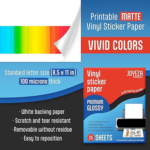 Miniatura 4 de JOYEZA Papel adhesivo de vinilo imprimible de alta calidad para impresora de inyección de tinta, 25 hojas brillantes + 25 hojas translúcidas, blanco