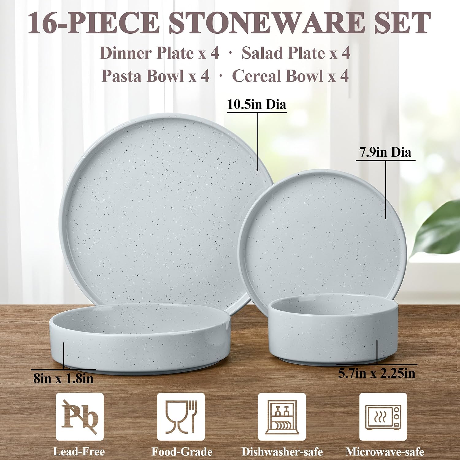 Herogo Stoneware Dinnerware Set with Salad Bowls, Kitchen Dinner Dish Set for 4, 16 Piece Plates and Cereal Pasta Bowls, Chip & Scratch Resistant Dishware, Speckled Light Gray