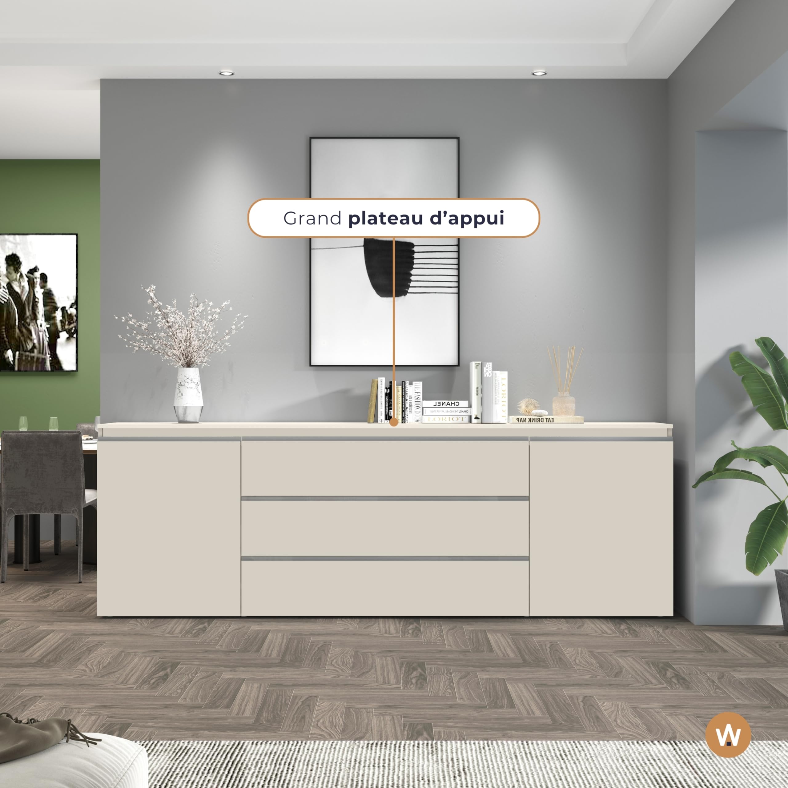WHOUS Buffet Magic pour Salon avec 2 Portes et 3 Tiroirs, bahut pour Cuisine et Salle à Manger, Dimensions 240 x 40 x 80, Couleur Cachemire