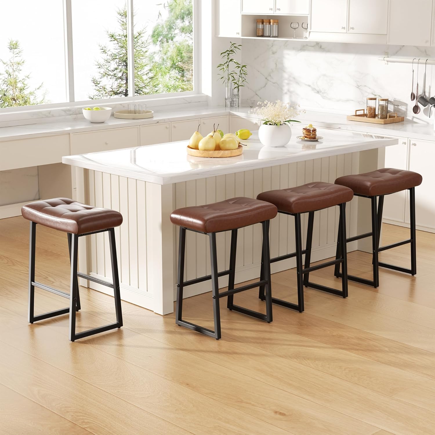 24" Bar Stools Set of 4,Backless Bar stools with Upholstered Faux Leather Seat, Modern Counter Height Barstools Metal Frame Kitchen Bar Chairs for Counter Island, Darkbrown