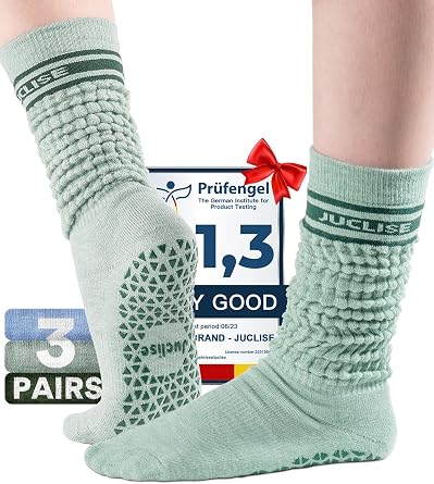 Juclise Merino Wool Pilates Grip Socks Slouch Scrunch Yoga Non Slip Barre Gym Workout Breathable Moisture Wicking Anti Odor