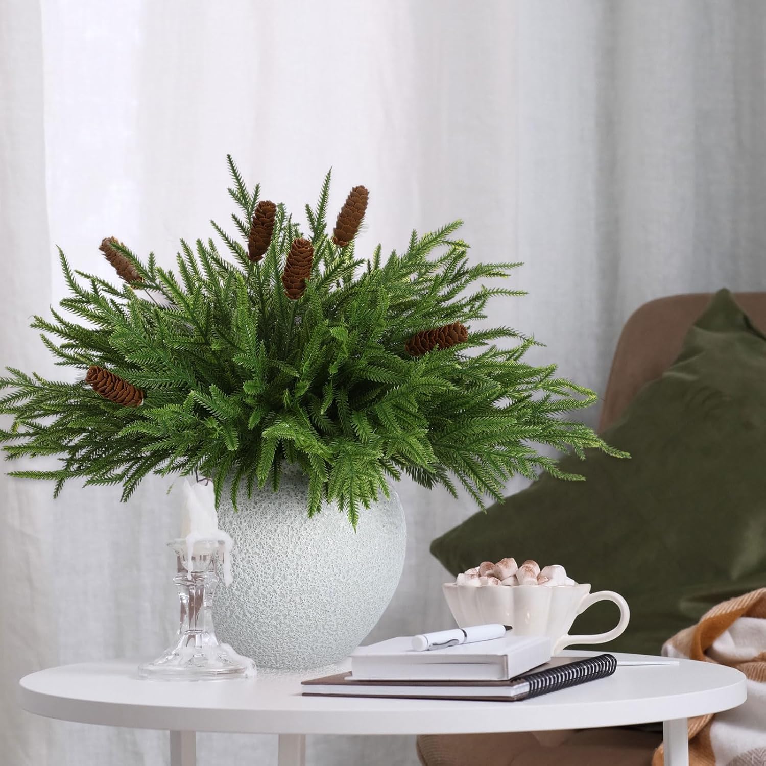 Hoteam 24 Pcs Christmas Norfolk Pine Branches with Pinecone Stems, 17 Inches Artificial Norfolk Pine Branches Faux DIY Greenery Picks for DIY Craft Garland Holiday Winter Table Xmas Decorating