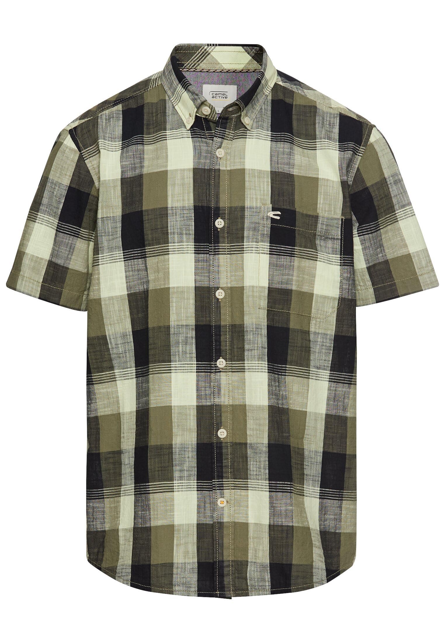 camel active Men's Herren Kariertes Kurzarmhemd aus Reiner Baumwolle Khaki, Menswear-m T-Shirt, M