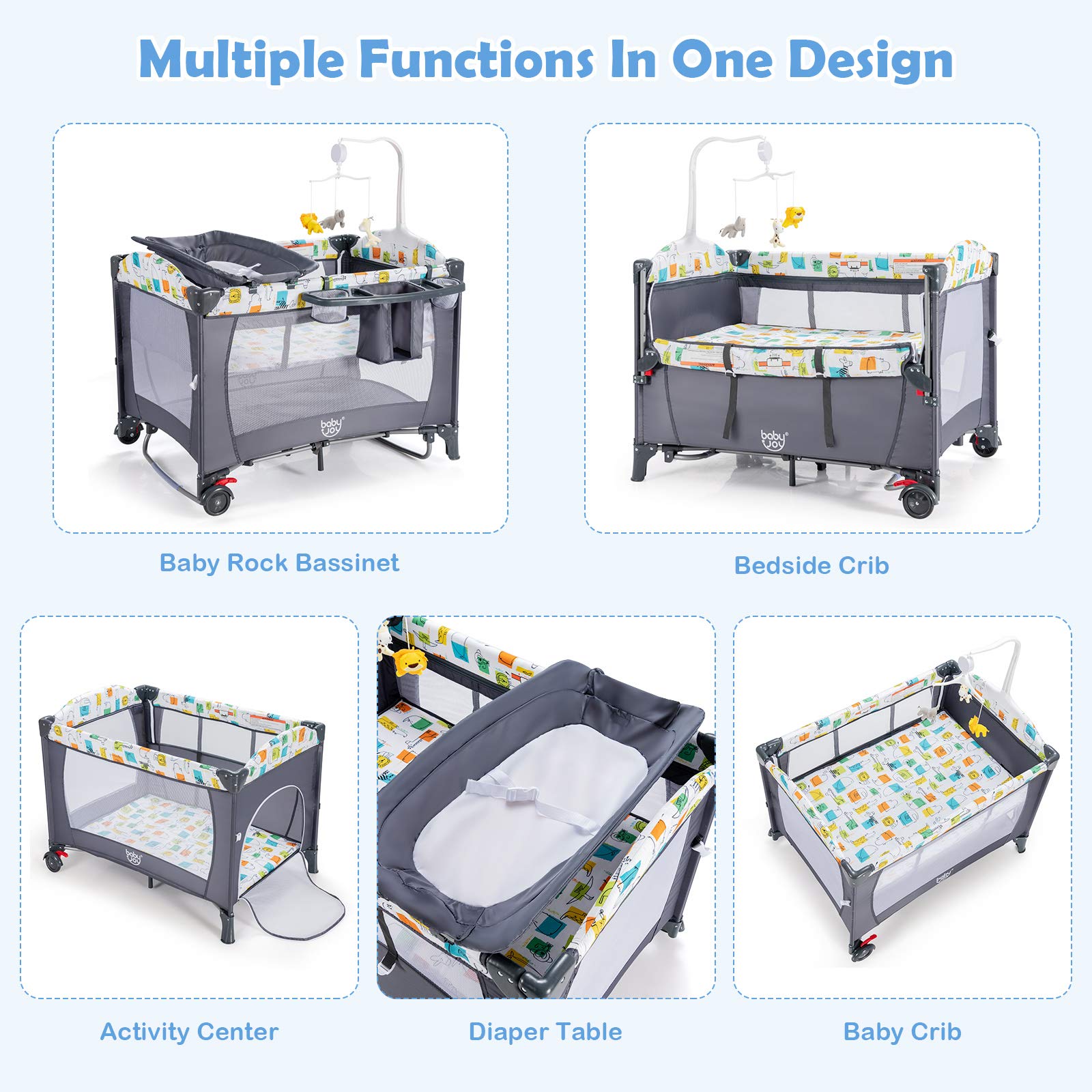 RELAX4LIFE 5 in 1 Lettino Neonato con Materasso, Culla da Campeggio con Fasciatoio e Cintura di Fissaggio, Altezza Regolabile in 4 Livelli, Adatto a Bambini da 0 a 36 Mesi,125 x 66 x 78 cm (Grigio)