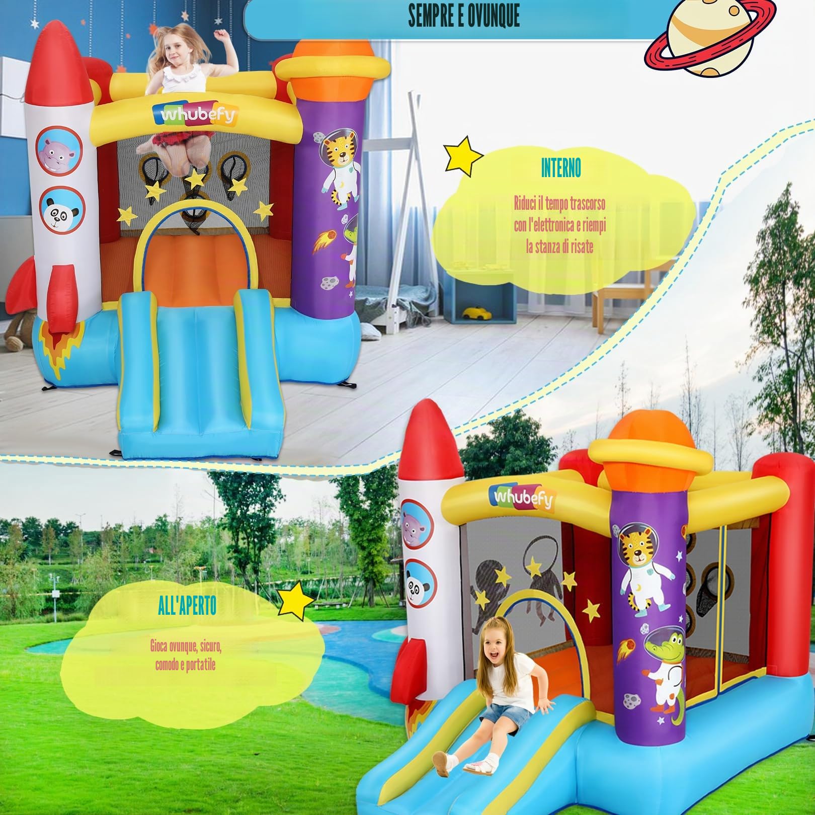 Castello gonfiabile per bambini (2 – 8 anni), castello gonfiabile con soffiatore, area giochi astronauti e area di tiro, castello gonfiabile a razzi per feste interne ed esterne!