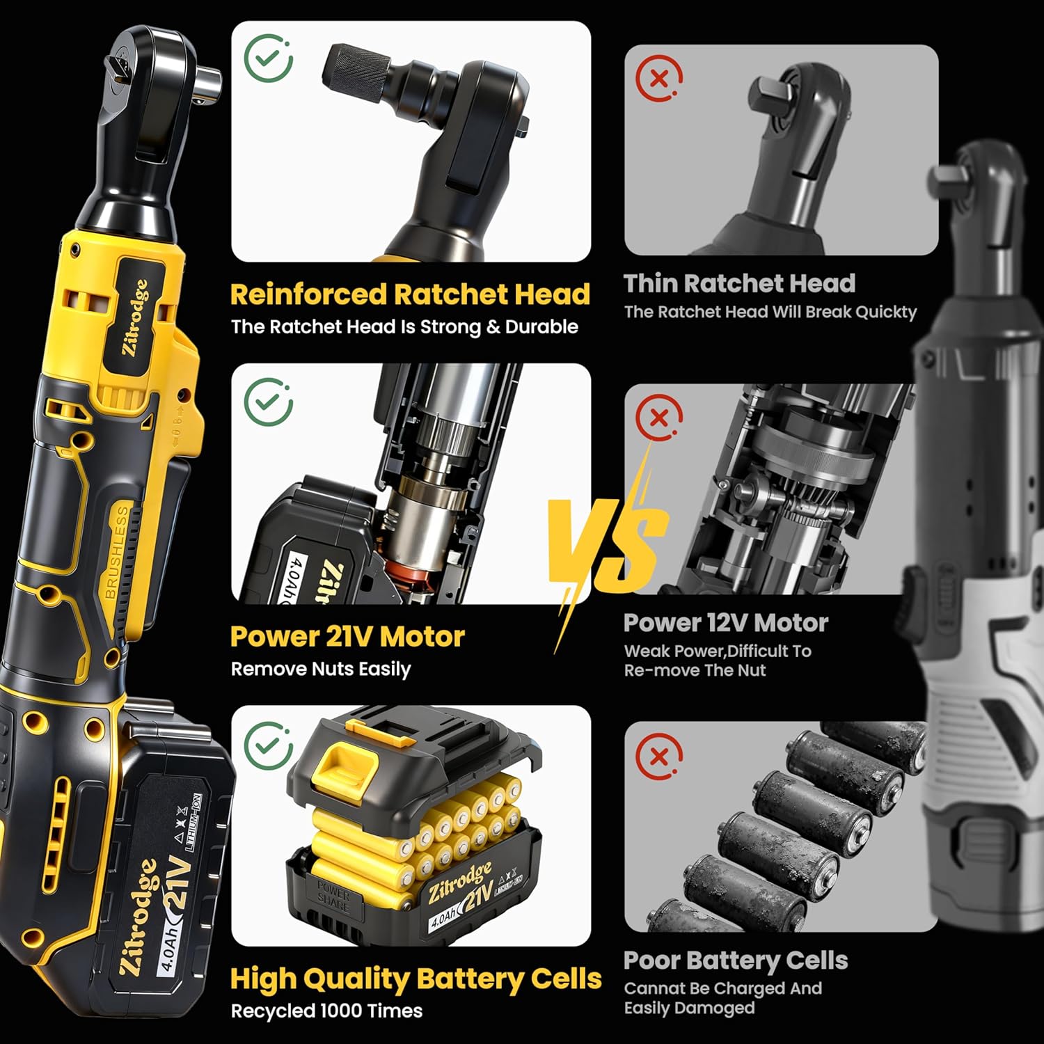1/2" Cordless Electric Ratchet Wrench Set with Multi Drill Bits, 89FT-LBS 400 PRM Power Ratchet Wrench, 21V Ratchet Tool Kit, Variable Speed, 7 Sockets, LED Light, 1/4" & 3/8" Adapter, 4.0Ah Battery - Image 2