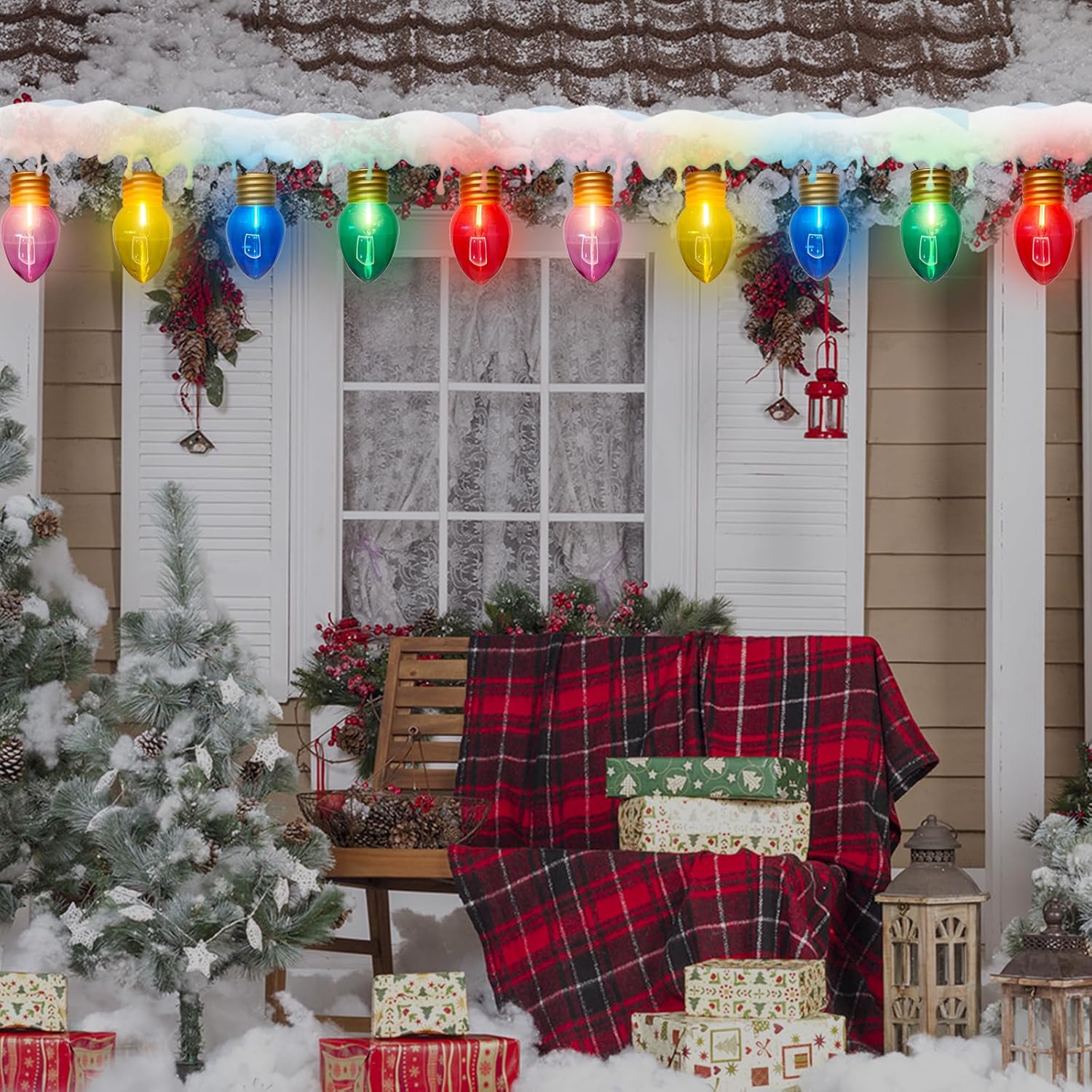 Jumbo Xmas String Lights 16FT Large Christmas Hanging Lights with 10 Count 5'' LED Giant Multicolor Bulbs, C7 Big Bulb Vintage Christmas Light for Holiday Home Tree Roof Yard Garden Decor, Green Wire