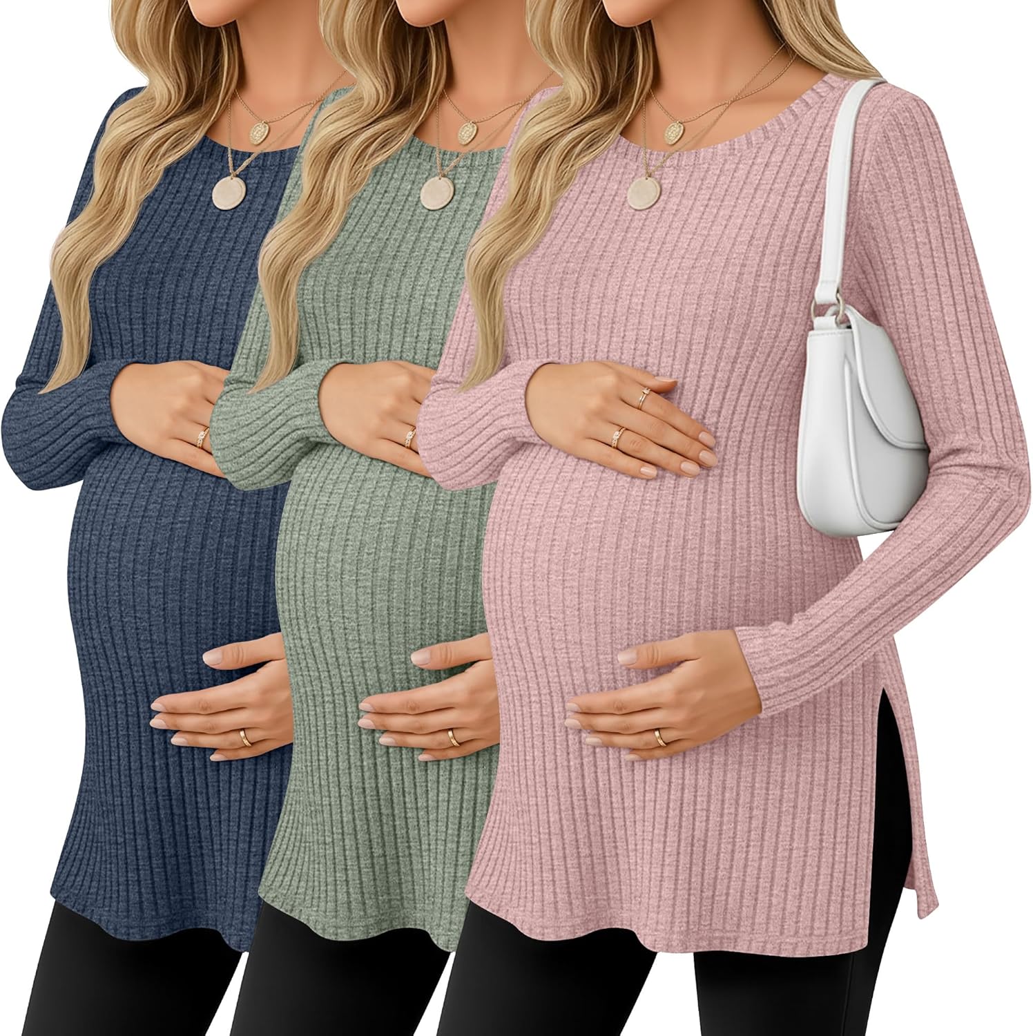 Ficerd 3 Pack Women's Maternity Shirts, Ribbed Long Sleeve Pregnancy Sweaters Crew Neck Slit Side Knit Pregnant Tunic Tee Top