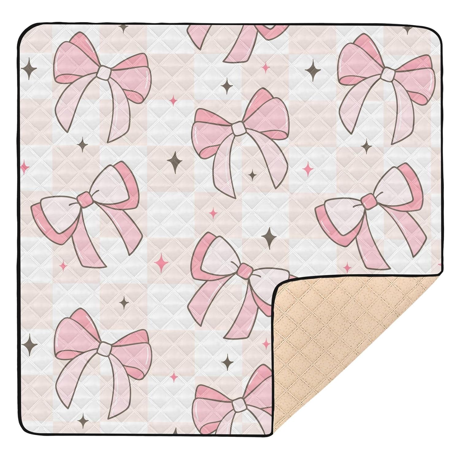 Baby Play Mat Pink Checkered and Bows 50 x 50 Playpen Mat Baby Play Mats for Floor Play Gym Crawling Mat Non-Slip Cushioned Baby Playmat for Infants, Babies, Toddlers