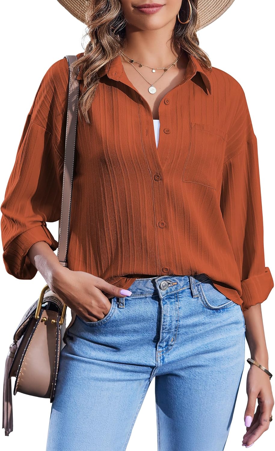 HOTOUCH Womens Long Sleeves Button Down Shirt Casual Loose fit Classic Collared with Pockets Caramel