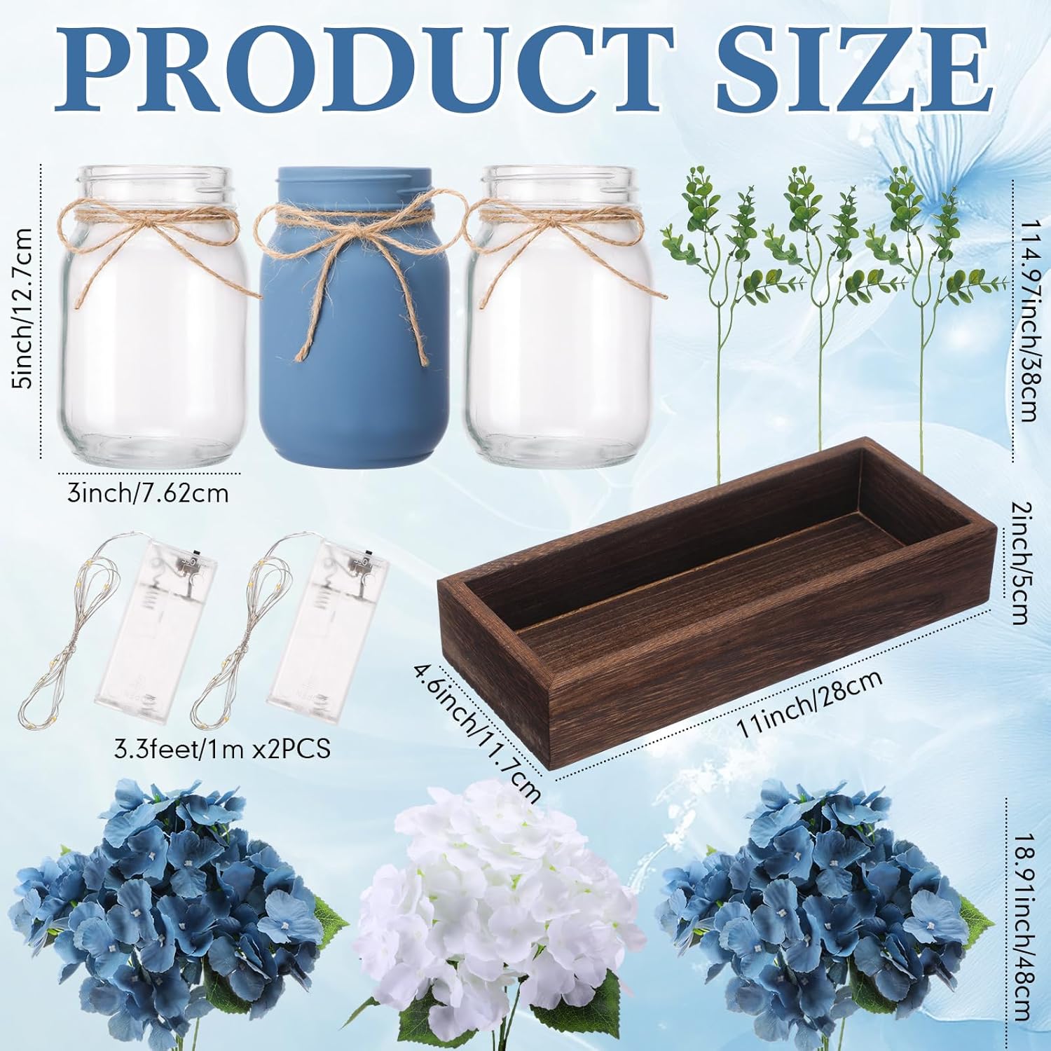 Suncalla 3 Pcs Hydrangea Centerpiece for Table Blue and White Artificial Hydrangea Flowers Mason Jar Table Decor with Eucalyptus Stems Wood Tray and LED Light for Spring Mothers Day Wedding Farmhouse