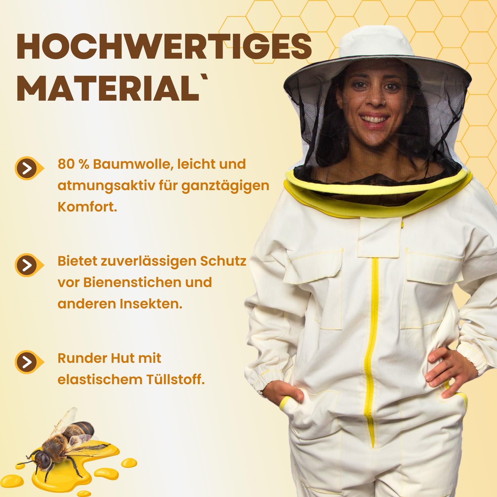 BEEART Professioneller Imkeranzug mit Rundhut Schutzanzug Unisex mit elastischen Bündchen Atmungsaktives Gewebe Reißverschluss Vollständiger Schutz vor Bienenstichen Weiß M-3XL