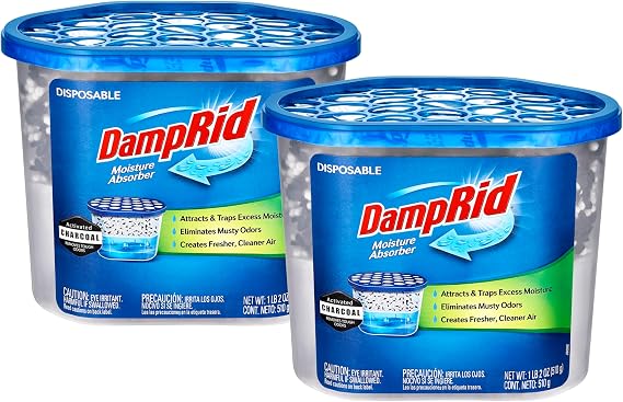 Damp Rid Bucket Charcoal Moisture Absorber, Humidity Absorber & Odor Eliminator for Home, Bathroom & Basement, 10.5 oz Disposable 2 Pack Ilios Packaging