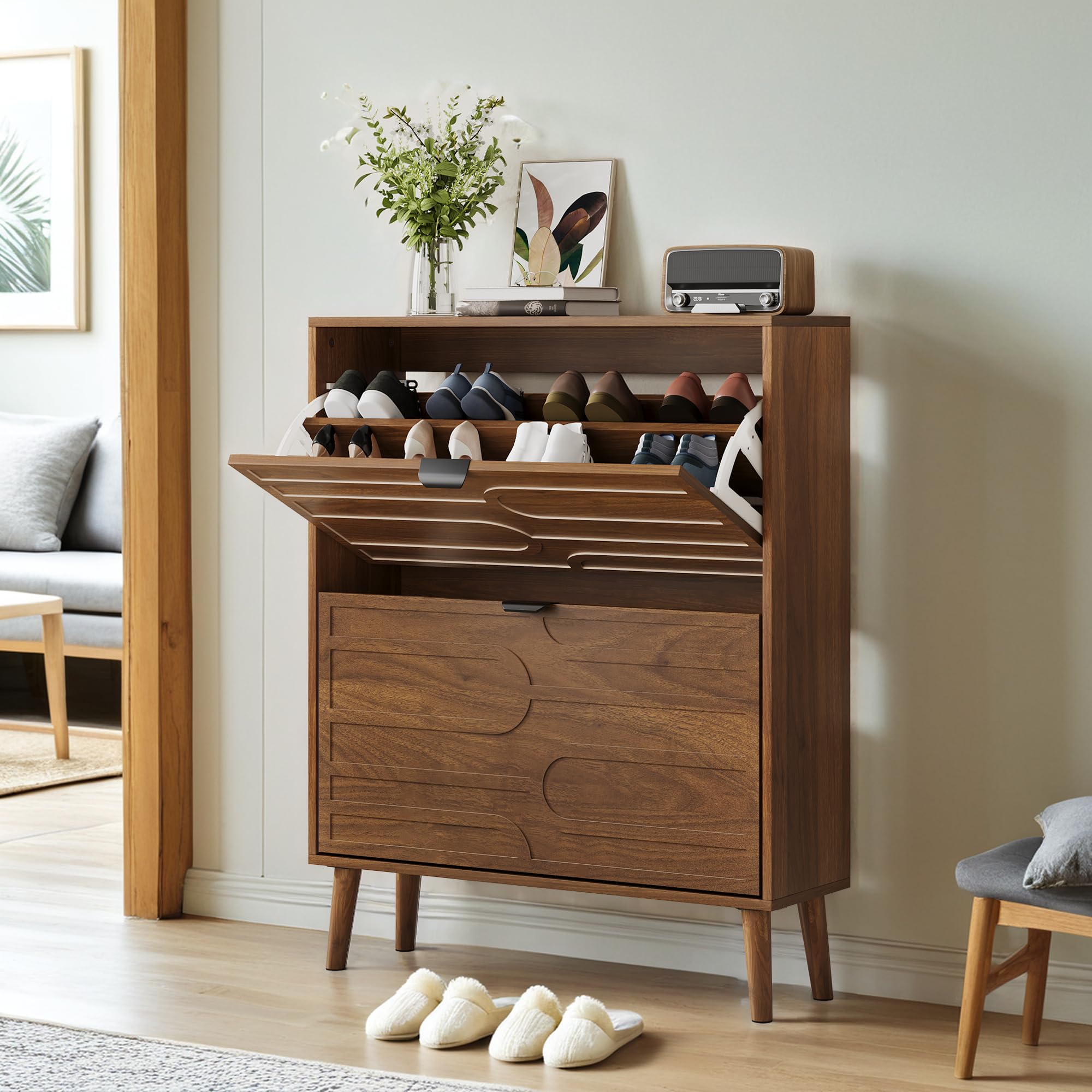 31.5 Inch Shoe Cabinet with 2 Flip Drawers, Narrow Deep Entryway Shoe Storage Cabinet, Modern Slim Freestanding Hidden Shoe Rack with Adjustable Shelves for Hallway Living Room, Walnut Color