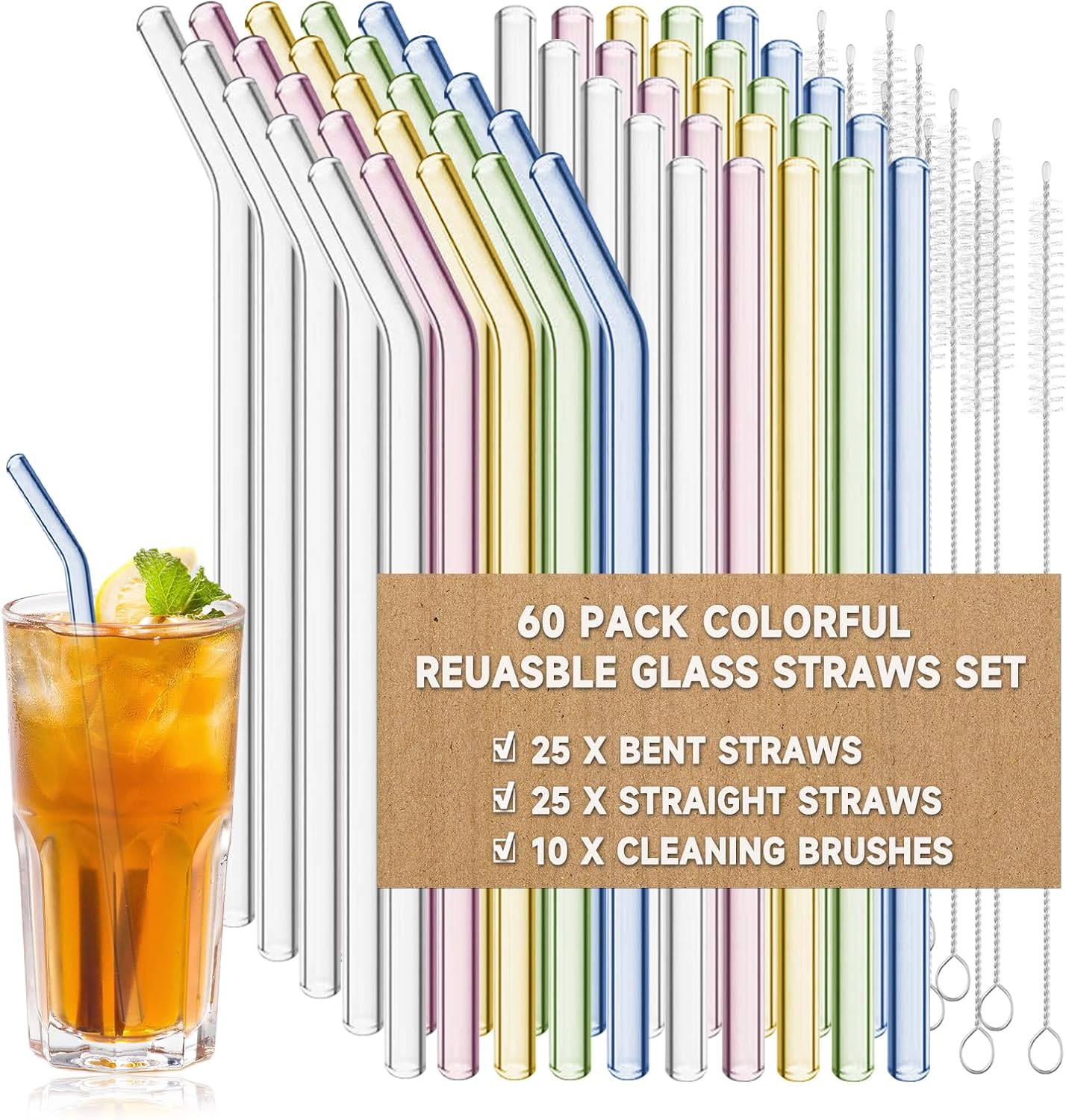 60 Pack Reusable Glass Straws Set, 8” x 8mm Colorful Glass Drinking Straws Set of 25 Straight & 25 Bent Glass Straws with 10 Cleaning Brush for Coffee, Cocktail, Beverages, Cute Glass Straws