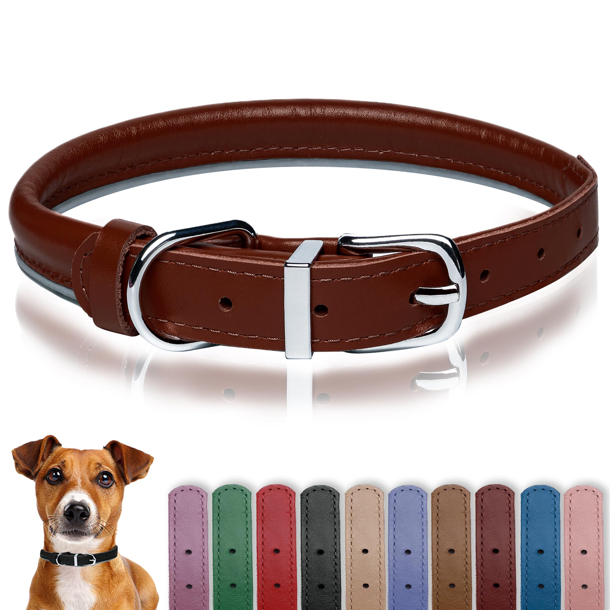 OOPSDOGGY Rolled Leather Dog Collar Reflective Roll Colars for Small Medium Large Dogs Puppy (Cognac, M, 30-38 cm)