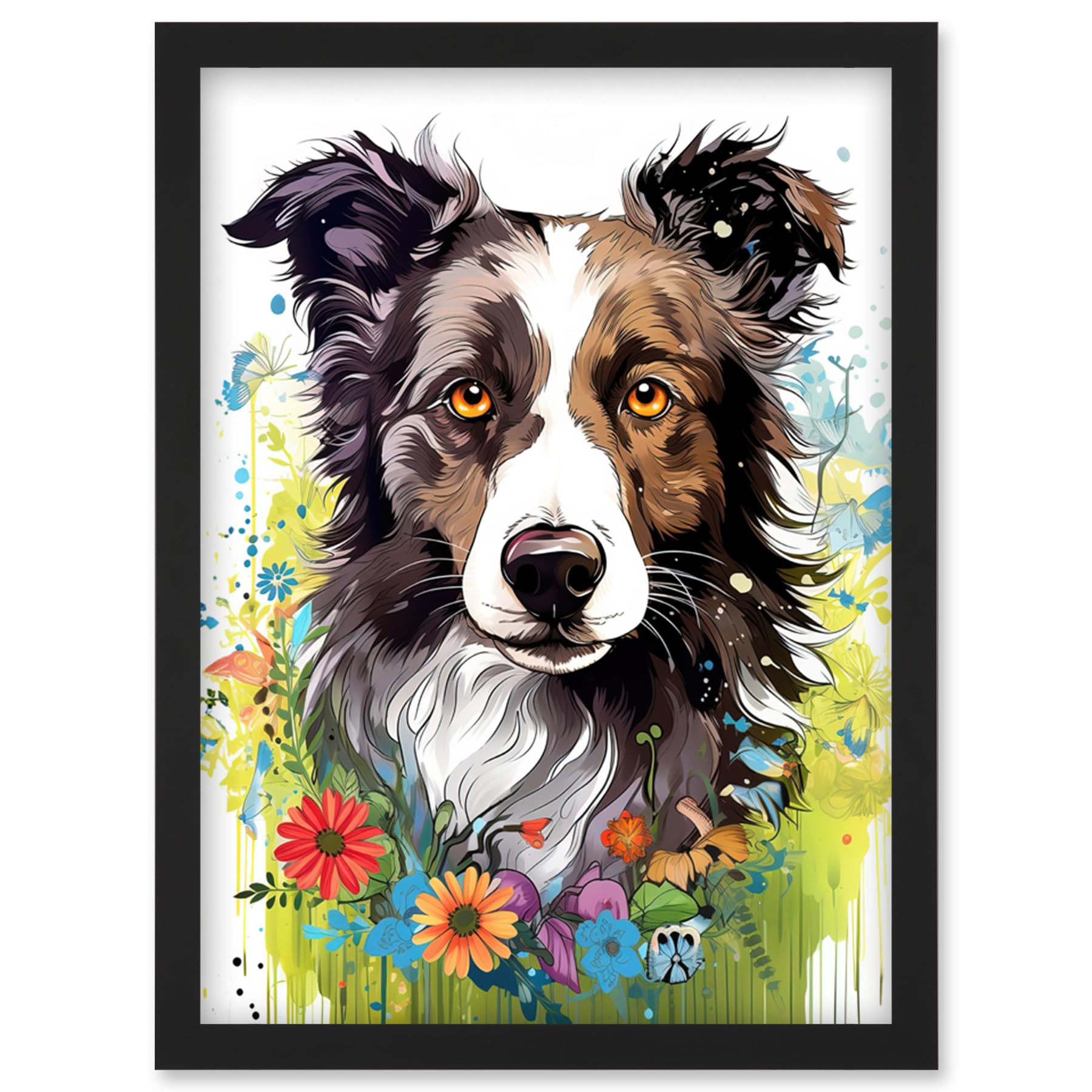 Border Collie Dog Watercolour Painting Print - Floral Portrait - Wildflowers & Butterflies Artwork - Framed A4