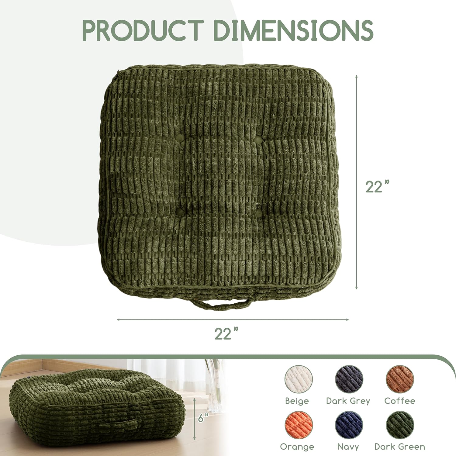 6" washable floor pillow cushion for adults, meditation cushion pillow, removable tufted blended corduroy cover, large square floor sitting for tatami living room or yoga, 2pack, machine washable square dark green 6" thick(pack of 2)