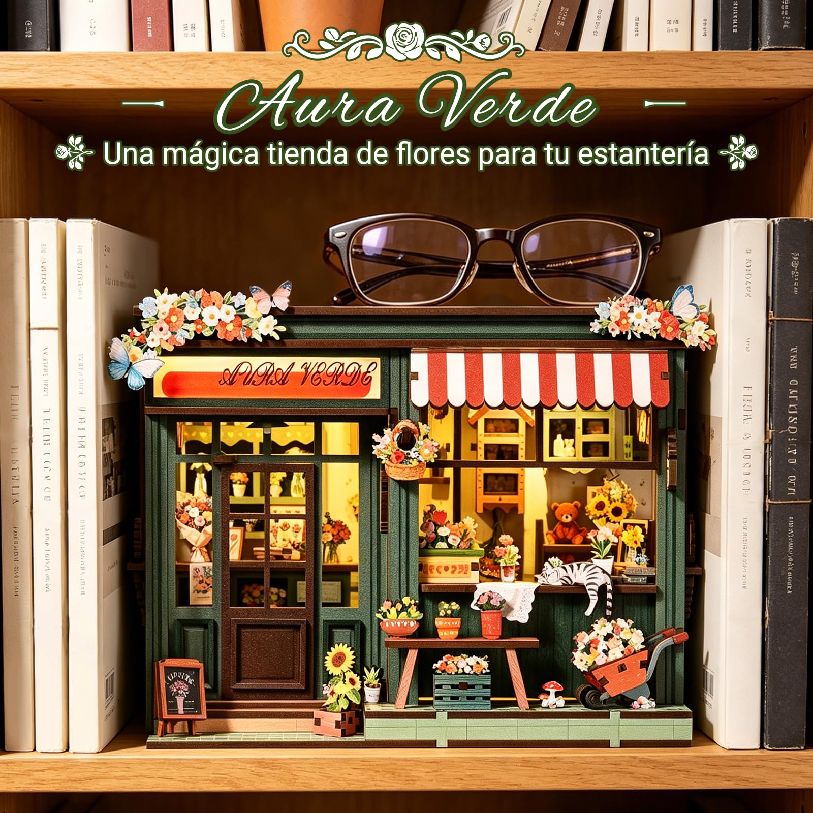 Kit Book Nook, kit fai da te in miniatura, negozio di fiori Aura Verde, kit creativo Book Nook, puzzle in legno 3D, fermalibri con luce LED, decorazione romantica e regalo