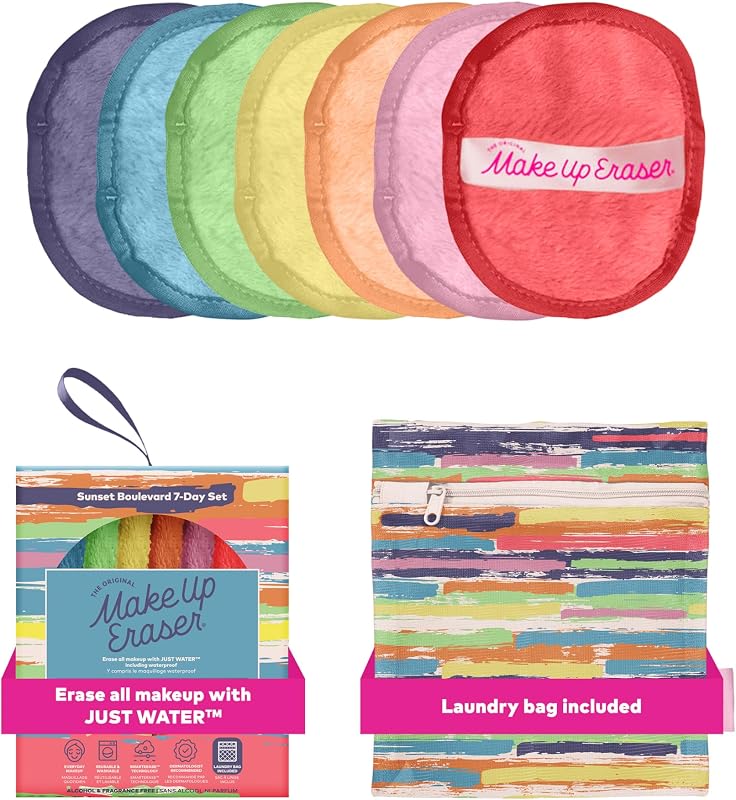 ¡El juego original MakeUp Eraser de 7 días, borra todo el maquillaje con solo agua, incluido el rímel resistente al agua, el delineador de ojos, la base, el lápiz labial, el protector solar y más! Sunset Boulevard, 7ct.