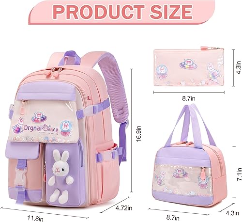 Miniatura 2 de Juego de mochila para niñas, mochila infantil para niñas, mochila escolar Kawaii Bunny para niña, jardín de infantes, primaria, preescolar, Rosa