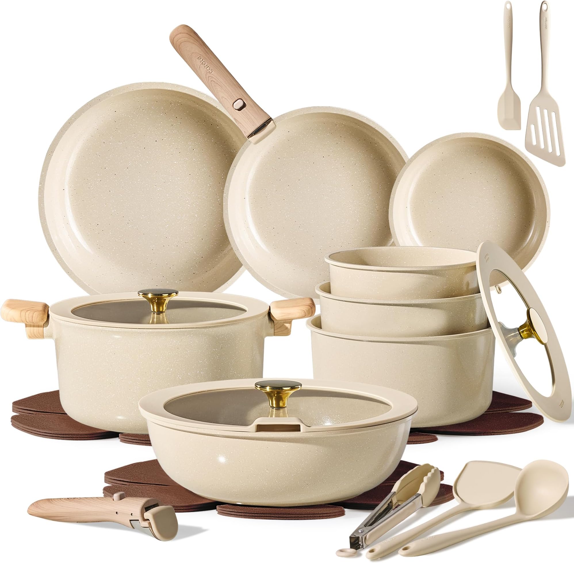 CAROTE 25pcs Ceramic Cookware Set, Pots and Pans Set with Detachable Handle